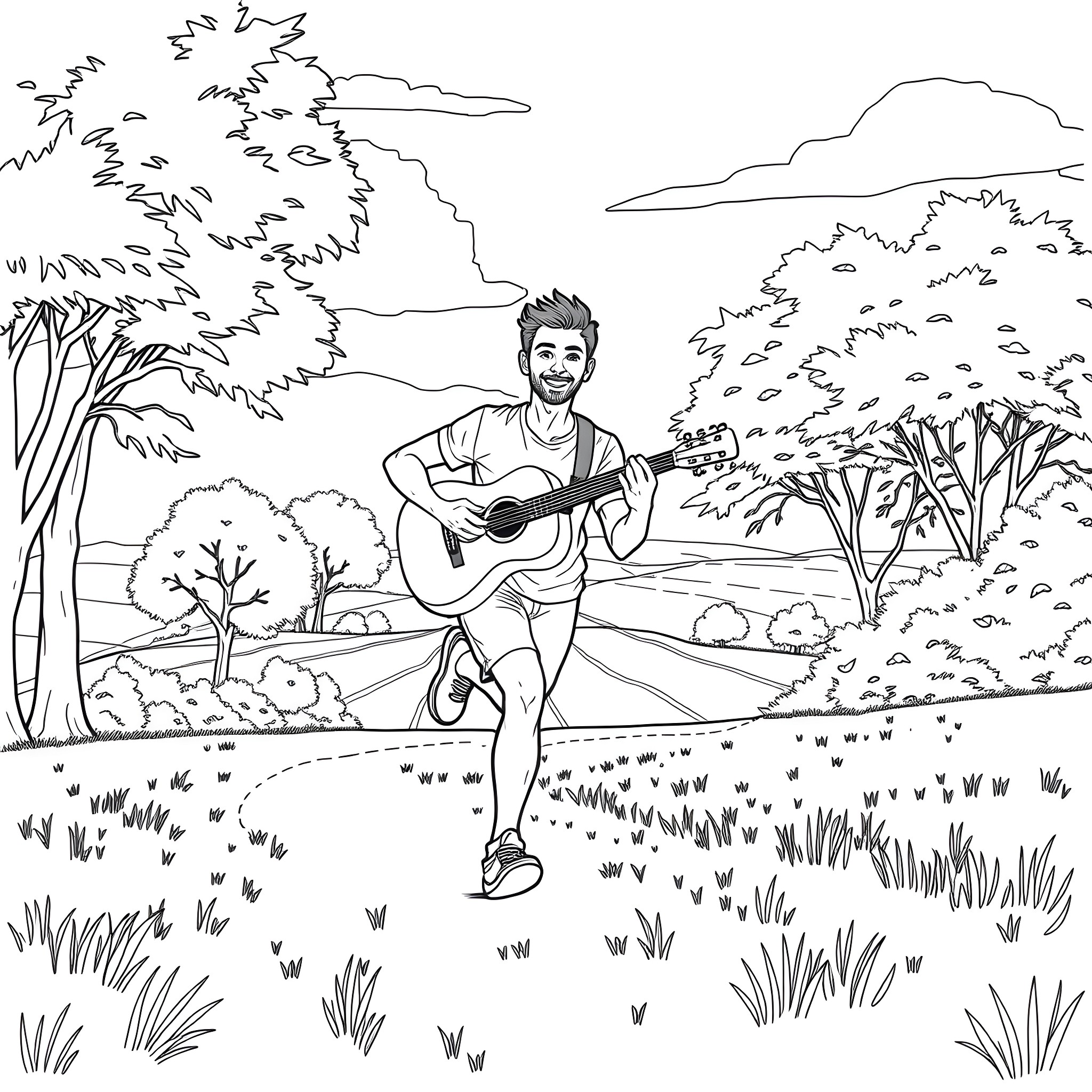 Runner jogging and playing guitar in nature landscape Coloring Page (free black-and-white line drawing printable PDF for all, from beginners to advanced learners, including children, teens, adults, and seniors)