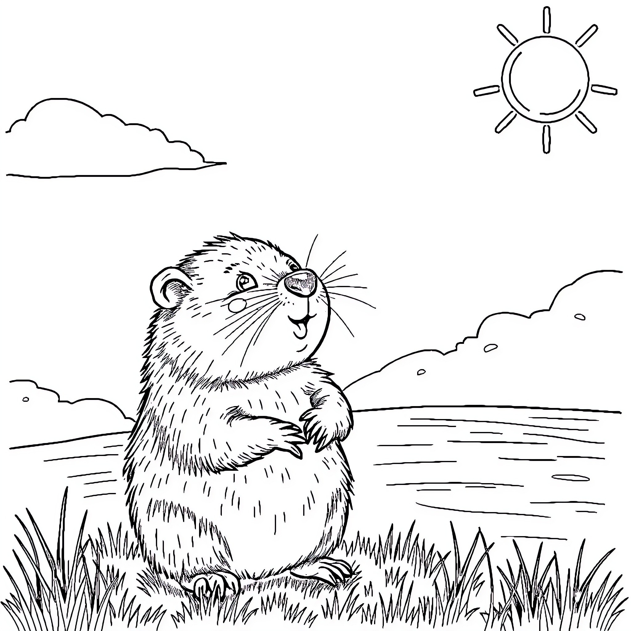 Beaver exploring the sunny outdoors Coloring Page (free black-and-white line drawing printable PDF for all, from beginners to advanced learners, including children, teens, adults, and seniors)