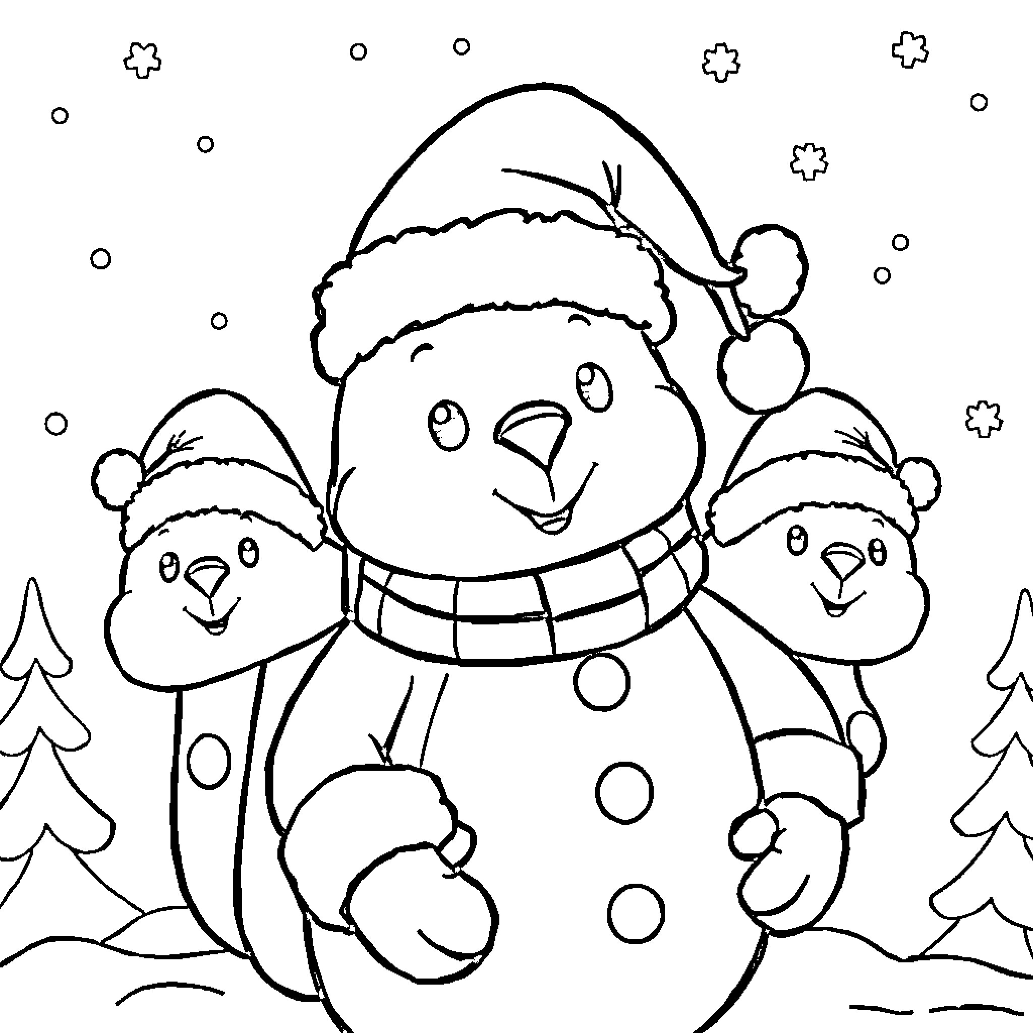 Patrouille of Cheerful Snowmen in Winter Wonderland Coloring Page (free black-and-white line drawing printable PDF for all, from beginners to advanced learners, including children, teens, adults, and seniors)