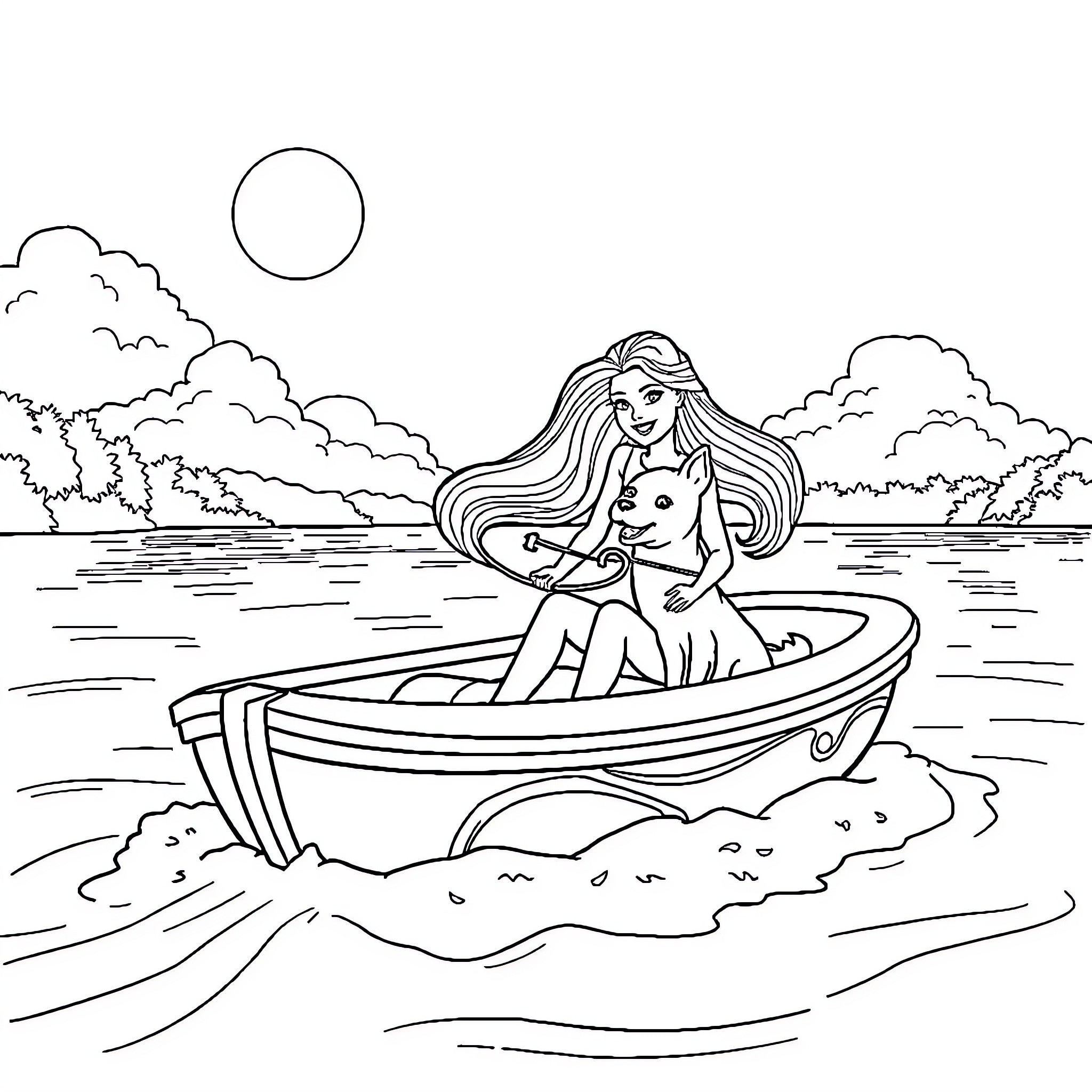 Barbie enjoying a peaceful boat ride in nature Coloring Page (free black-and-white line drawing printable PDF for all, from beginners to advanced learners, including children, teens, adults, and seniors)
