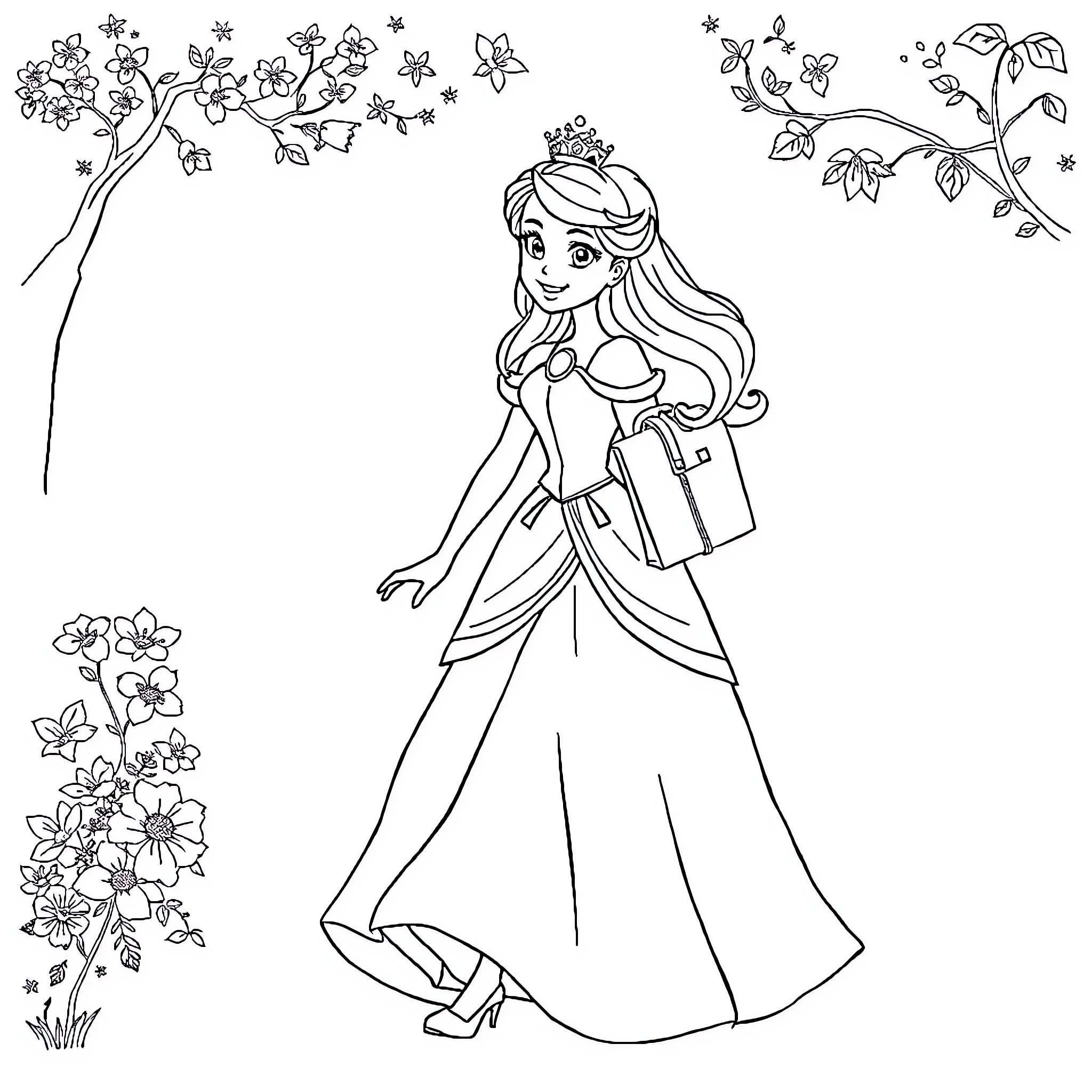 Princess on a Floral Journey Coloring Page (free black-and-white line drawing printable PDF for all, from beginners to advanced learners, including children, teens, adults, and seniors)