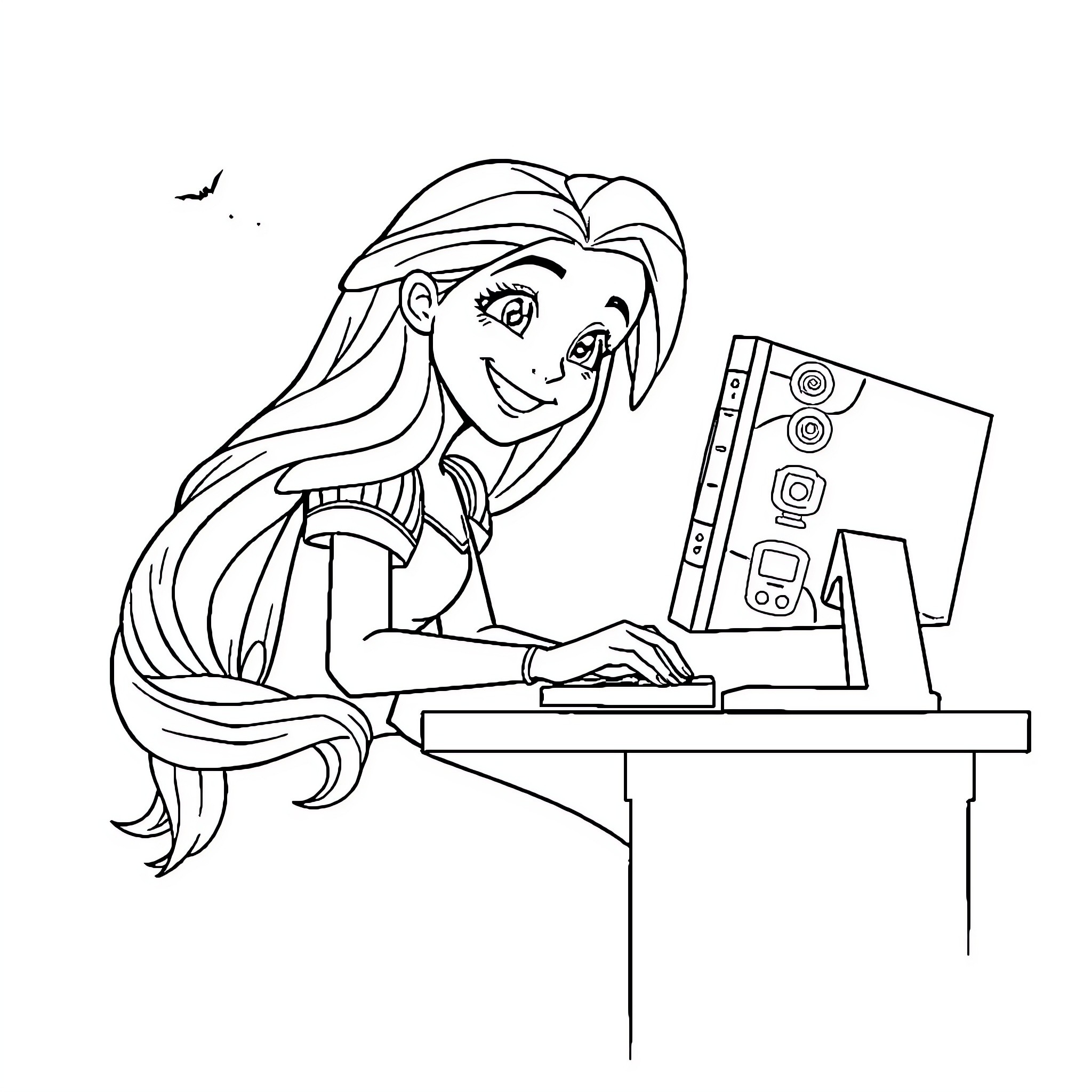 Rapunzel using a computer in her workspace Coloring Page (free black-and-white line drawing printable PDF for all, from beginners to advanced learners, including children, teens, adults, and seniors)