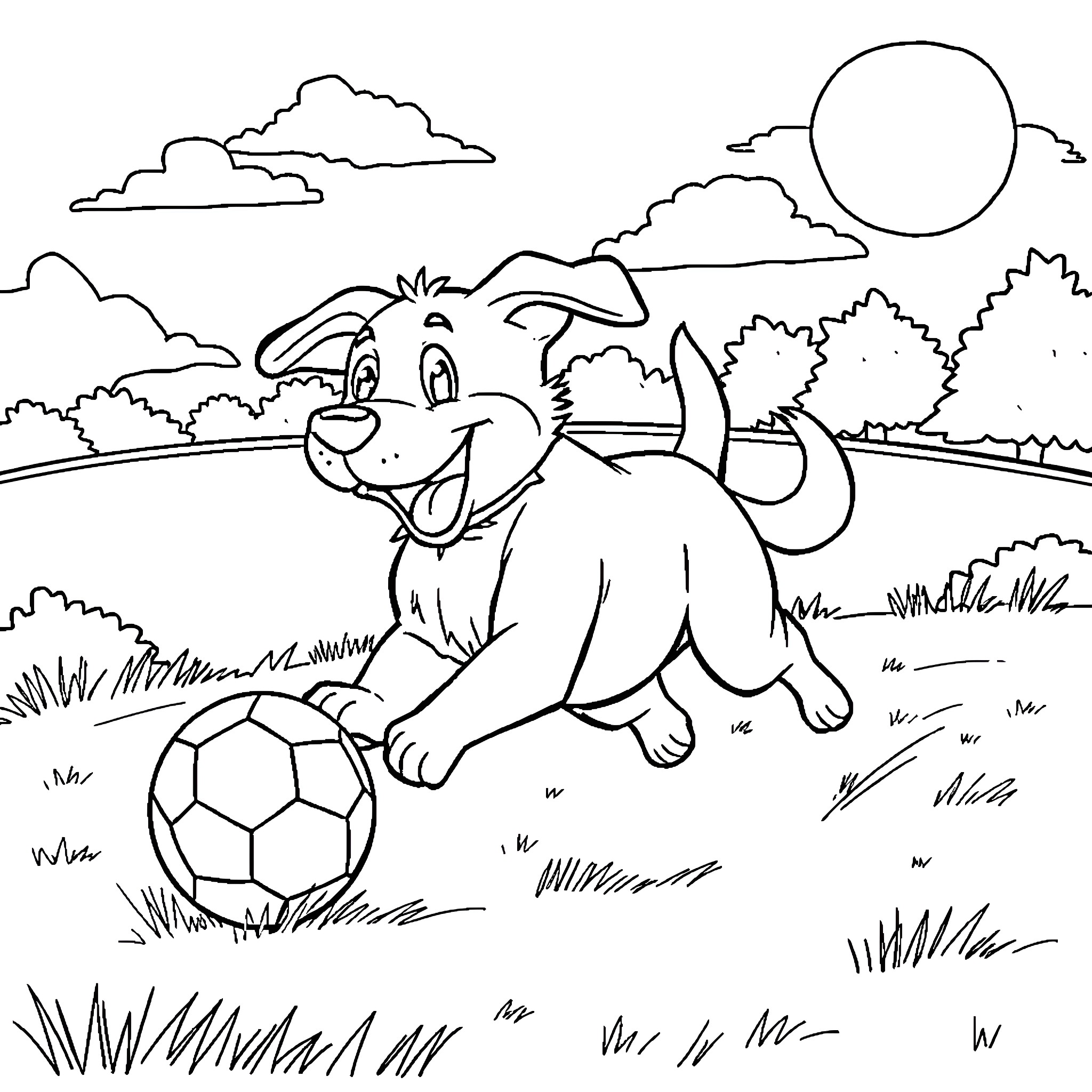 Dog playing joyfully with soccer ball in the park Coloring Page (free black-and-white line drawing printable PDF for all, from beginners to advanced learners, including children, teens, adults, and seniors)