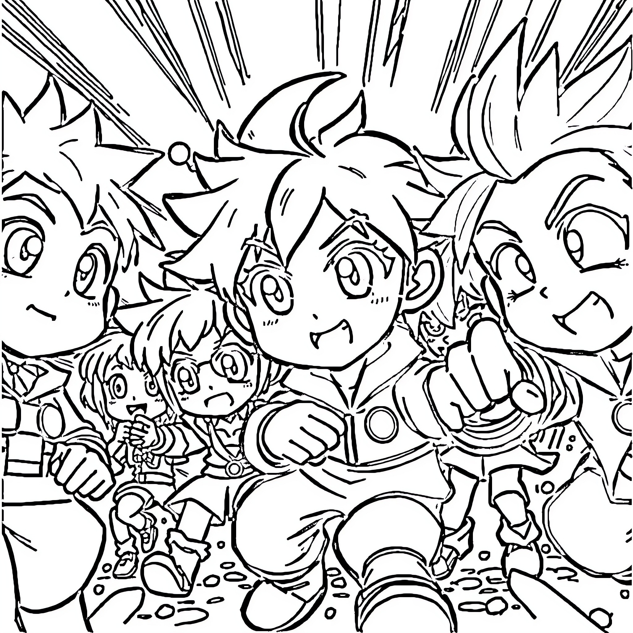 Anime Characters Engaging in Lively Action Coloring Page (free black-and-white line drawing printable PDF for all, from beginners to advanced learners, including children, teens, adults, and seniors)