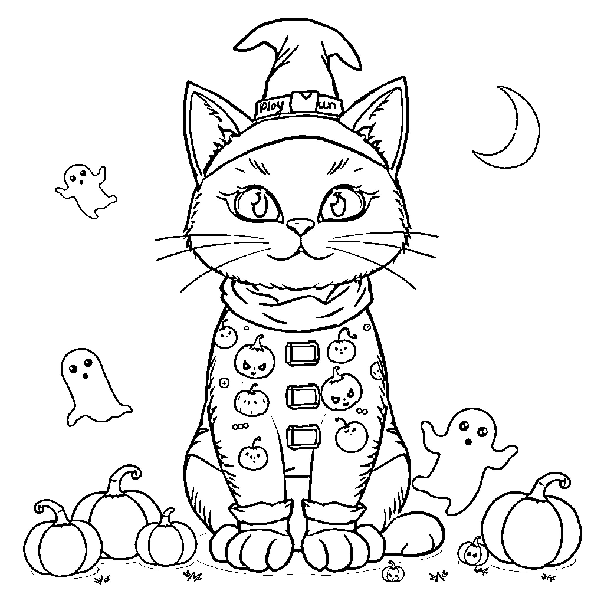 Cat in Halloween costume with spooky decorations Coloring Page (free black-and-white line drawing printable PDF for all, from beginners to advanced learners, including children, teens, adults, and seniors)
