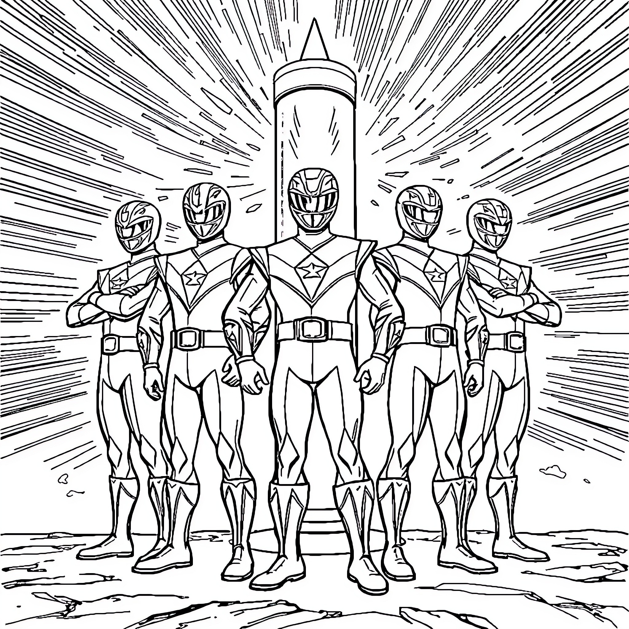 Power Rangers Heroic Pose and Action Coloring Page (free black-and-white line drawing printable PDF for all, from beginners to advanced learners, including children, teens, adults, and seniors)