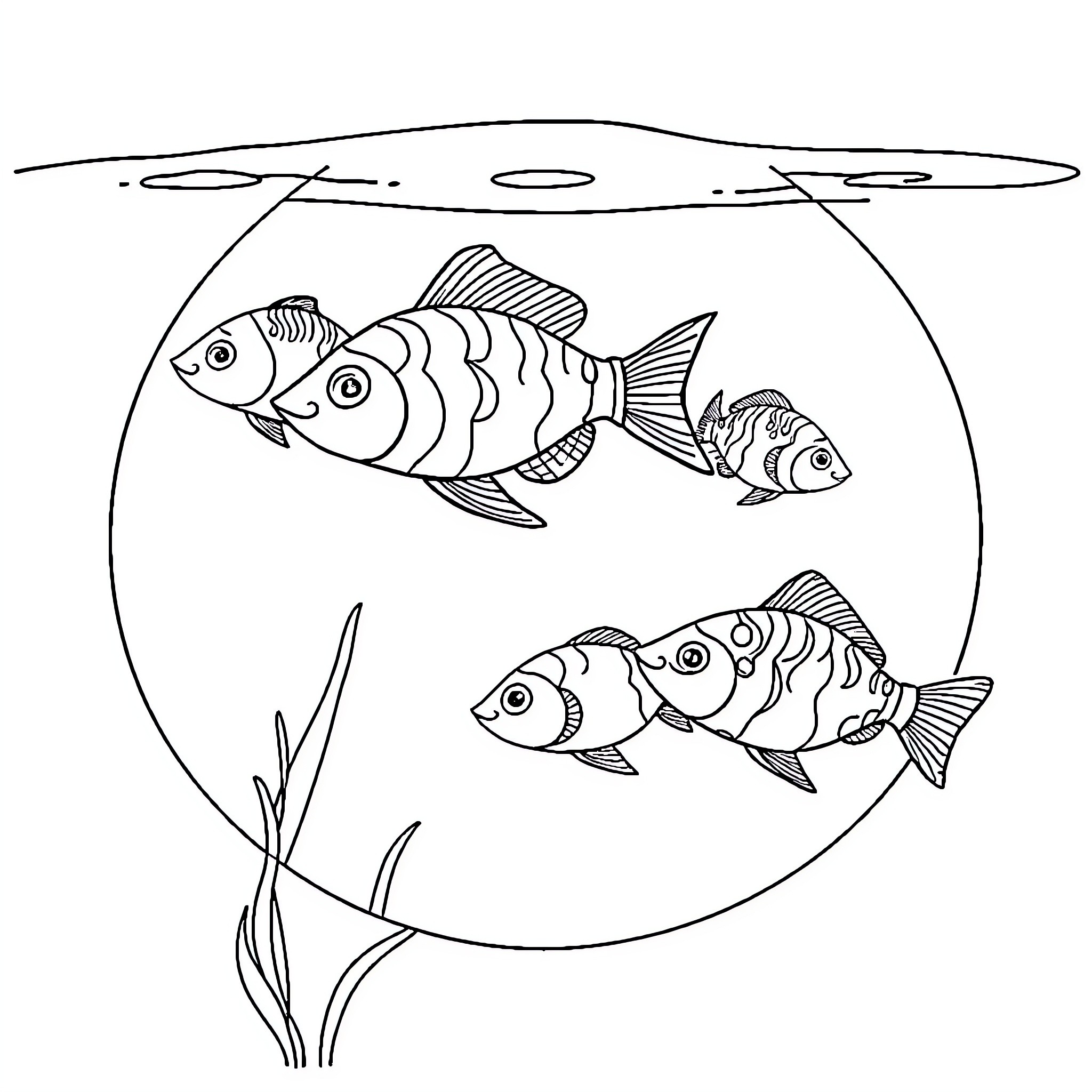Fish swimming in an aquarium Coloring Page (free black-and-white line drawing printable PDF for all, from beginners to advanced learners, including children, teens, adults, and seniors)