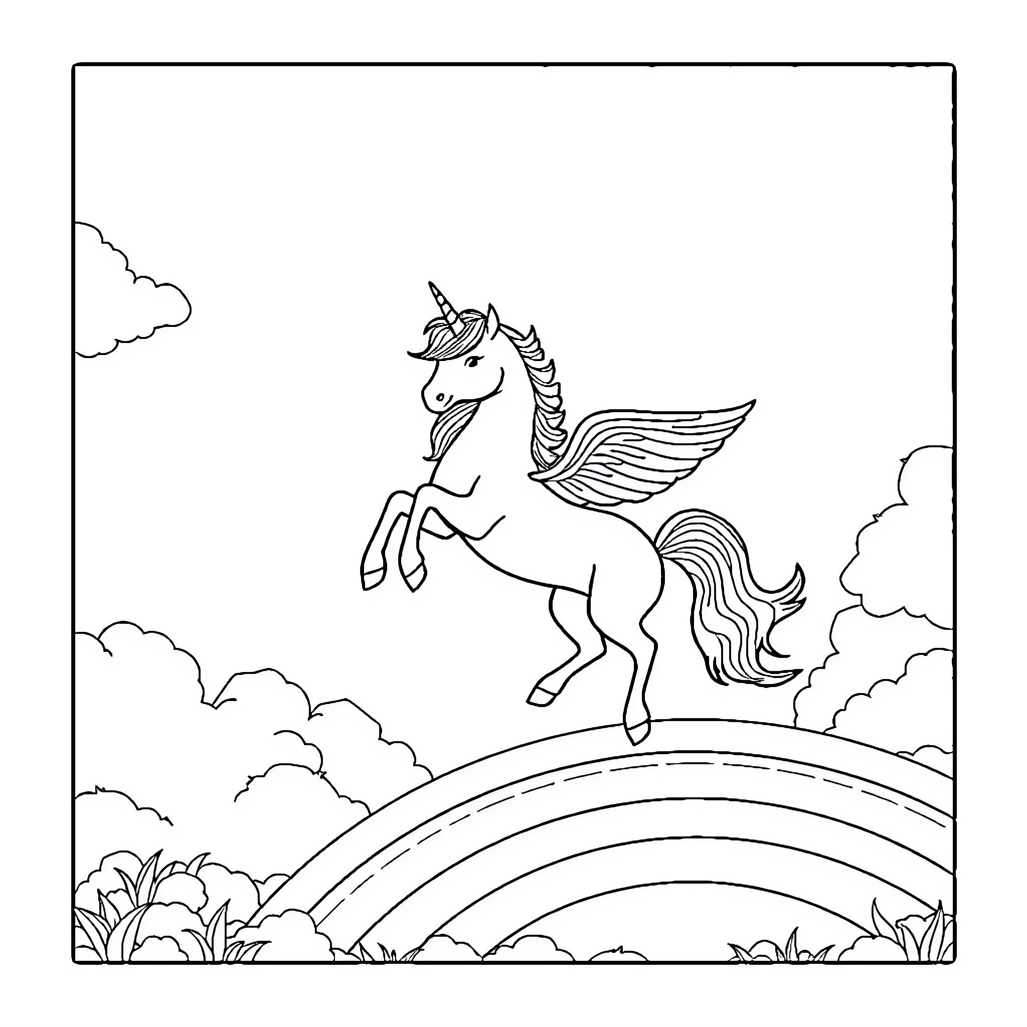 Unicorn flying over a rainbow in the sky Coloring Page (free black-and-white line drawing printable PDF for all, from beginners to advanced learners, including children, teens, adults, and seniors)