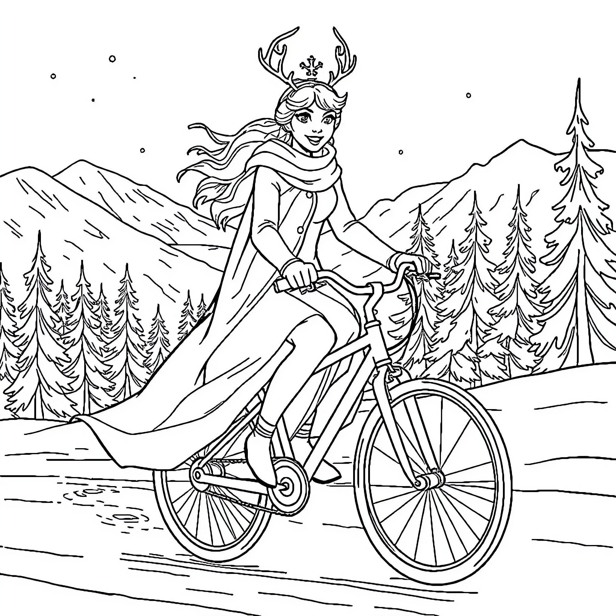 Queen Riding a Bicycle Through Snowy Landscape Coloring Page (free black-and-white line drawing printable PDF for all, from beginners to advanced learners, including children, teens, adults, and seniors)