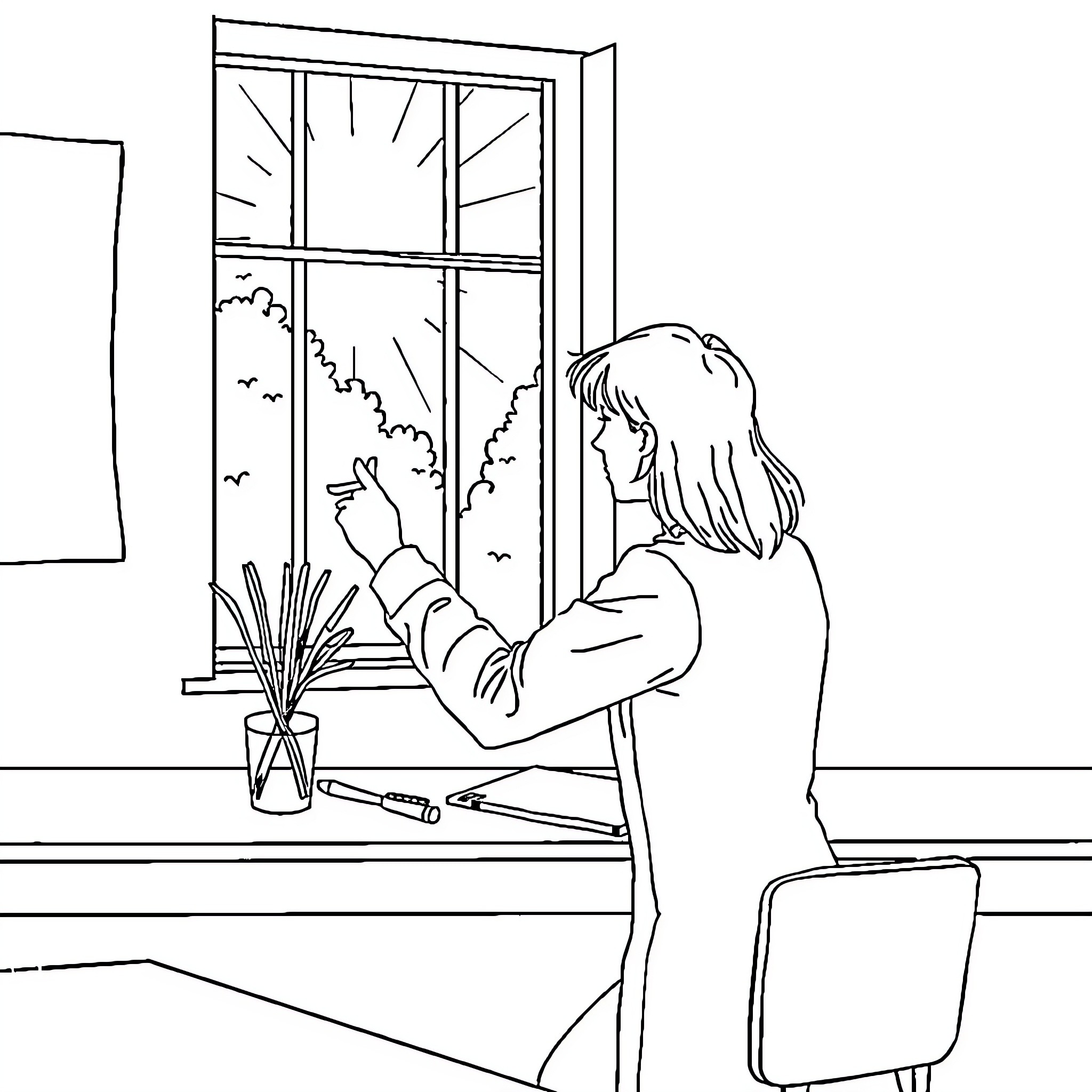 Trousse: Woman gazing out window Coloring Page (free black-and-white line drawing printable PDF for all, from beginners to advanced learners, including children, teens, adults, and seniors)