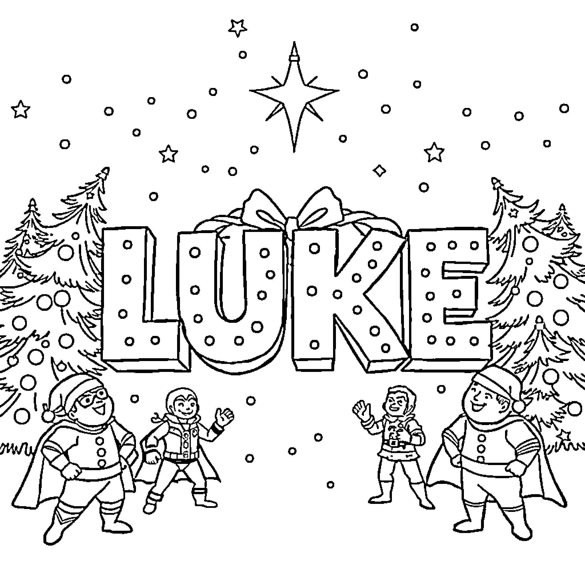 Luke's Snowy Adventure with Friends in Winter Wonderland Coloring Page (free black-and-white line drawing printable PDF for all, from beginners to advanced learners, including children, teens, adults, and seniors)