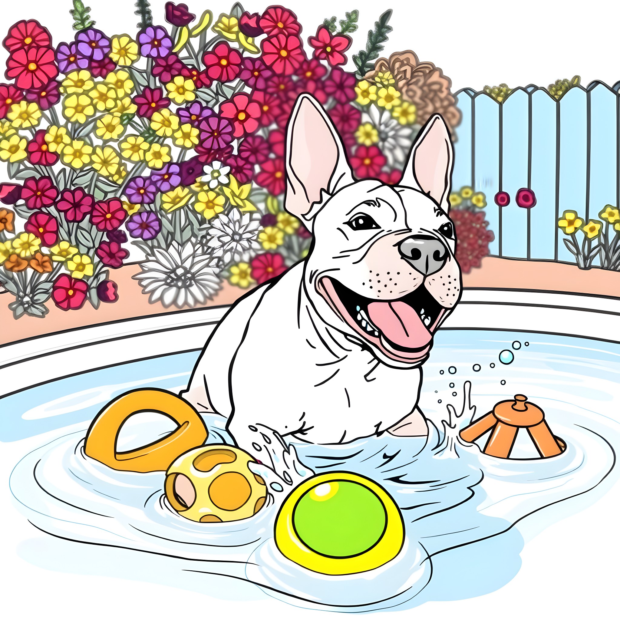 Bull Terrier playing happily in a colorful garden pool Coloring Page (free black-and-white line drawing printable PDF for all, from beginners to advanced learners, including children, teens, adults, and seniors)