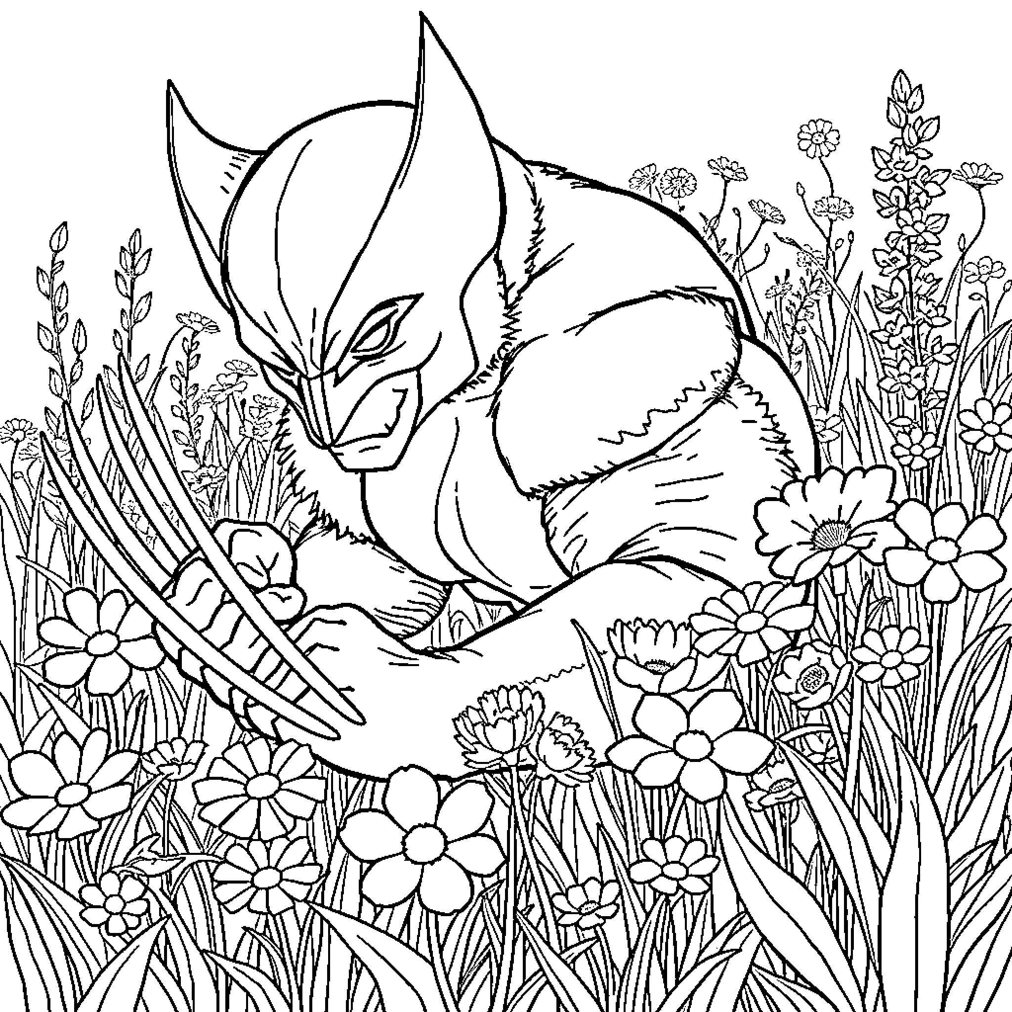 Wolverine exploring a vibrant floral landscape Coloring Page (free black-and-white line drawing printable PDF for all, from beginners to advanced learners, including children, teens, adults, and seniors)