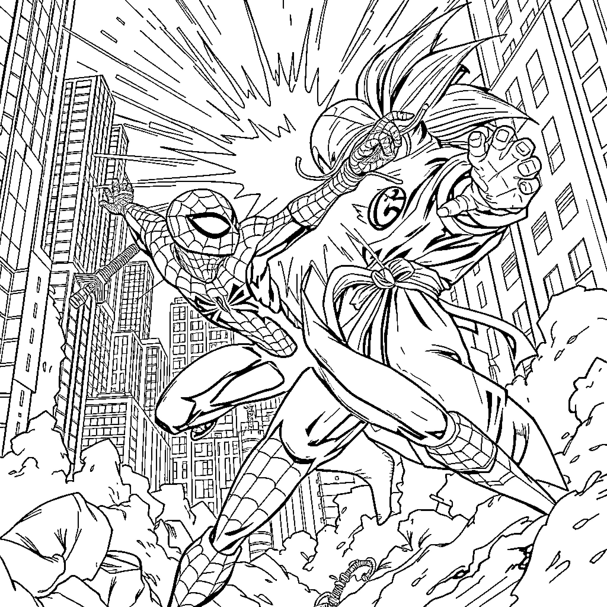 Spider-Man battling an iconic villain in the city Coloring Page (free black-and-white line drawing printable PDF for all, from beginners to advanced learners, including children, teens, adults, and seniors)