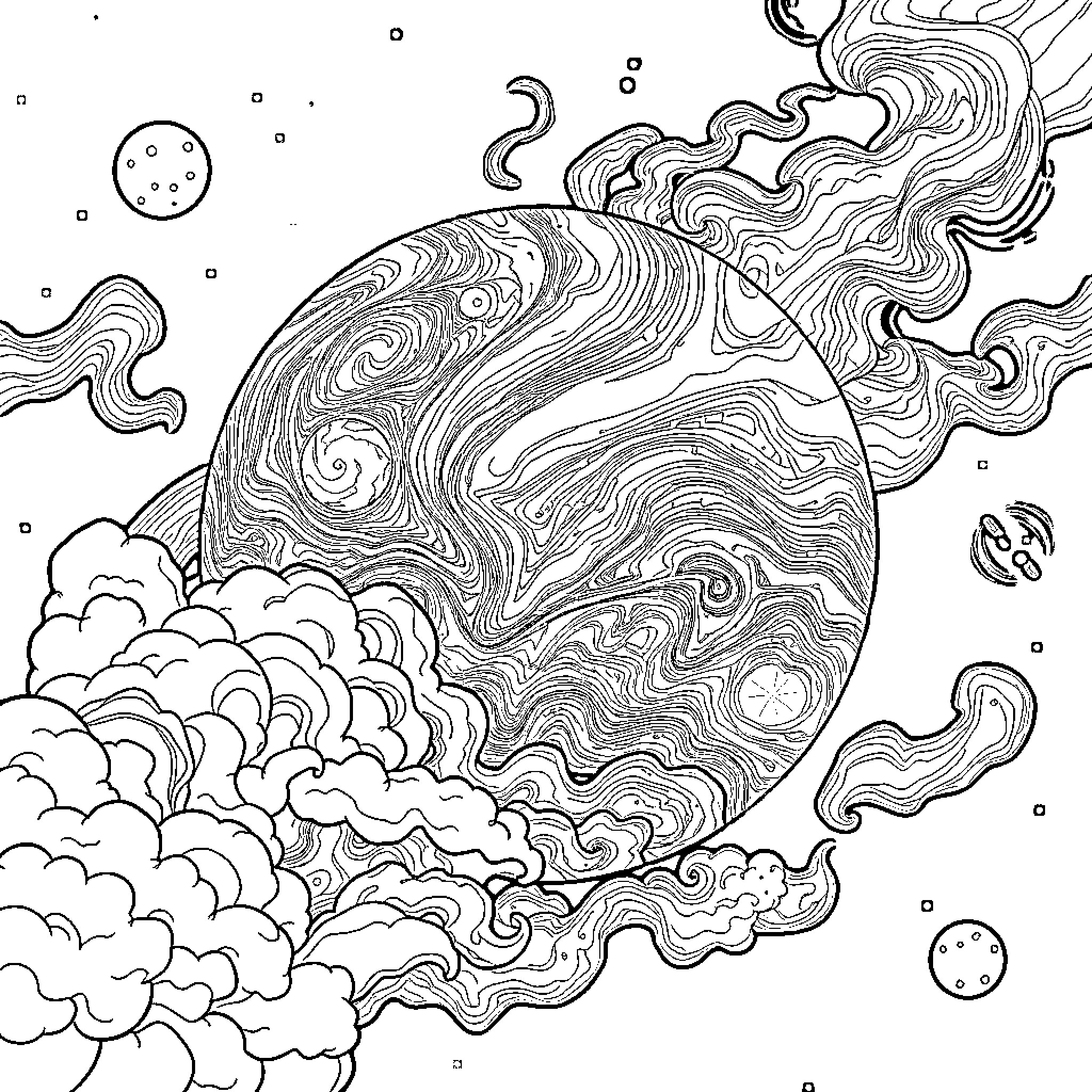Jupiter's Cosmic Spectacle Coloring Page (free black-and-white line drawing printable PDF for all, from beginners to advanced learners, including children, teens, adults, and seniors)
