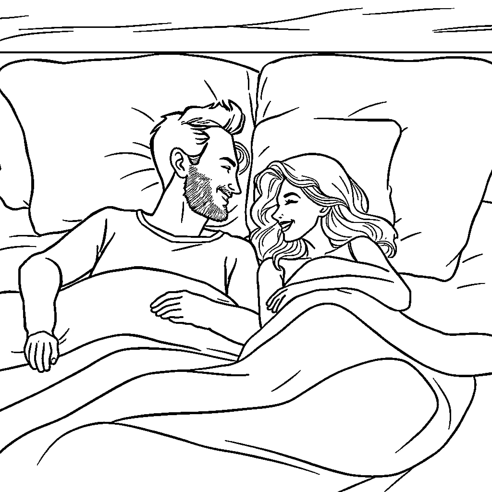 Couple cuddling and resting on the bed Coloring Page (free black-and-white line drawing printable PDF for all, from beginners to advanced learners, including children, teens, adults, and seniors)