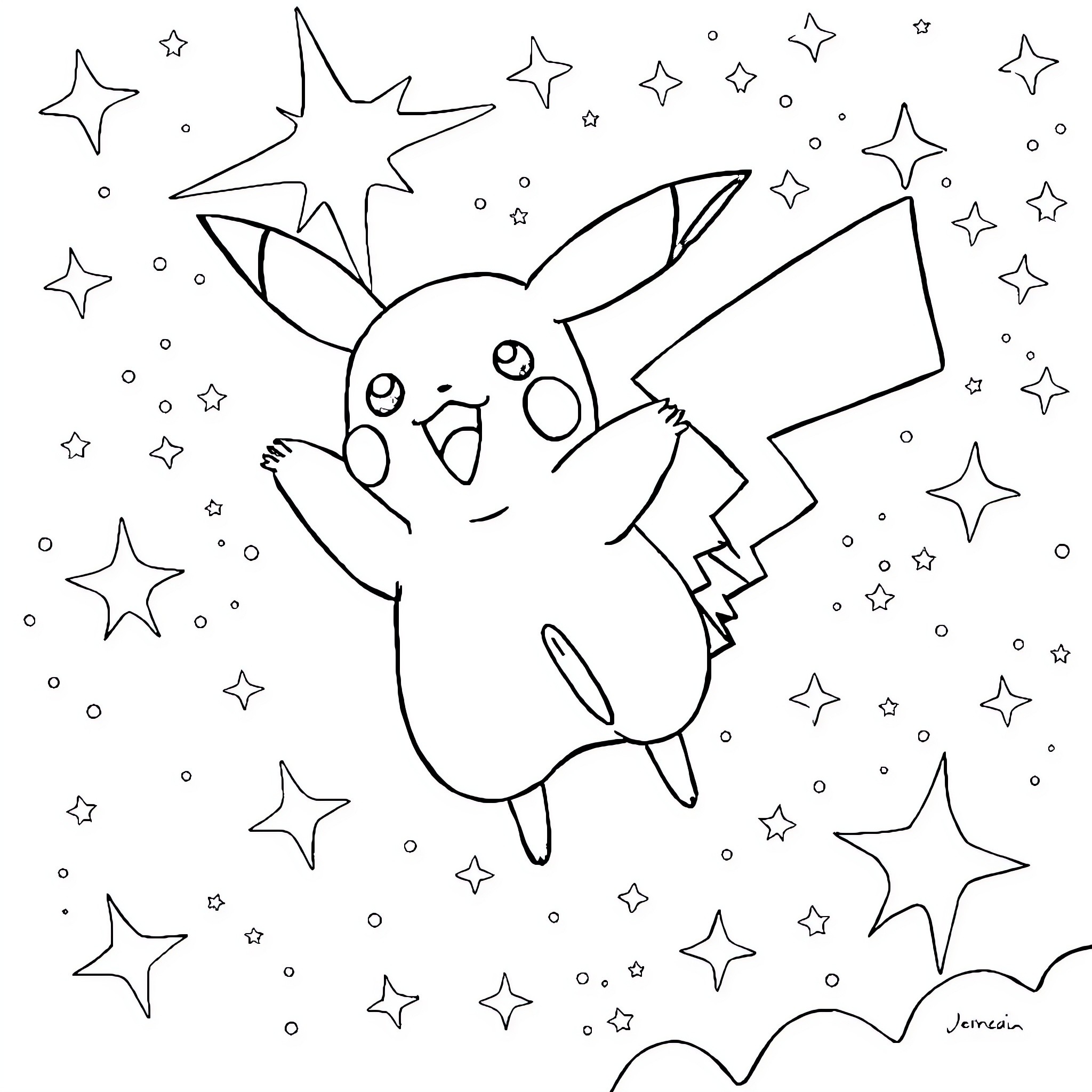 Pikachu playing joyfully amidst sparkling stars Coloring Page (free black-and-white line drawing printable PDF for all, from beginners to advanced learners, including children, teens, adults, and seniors)