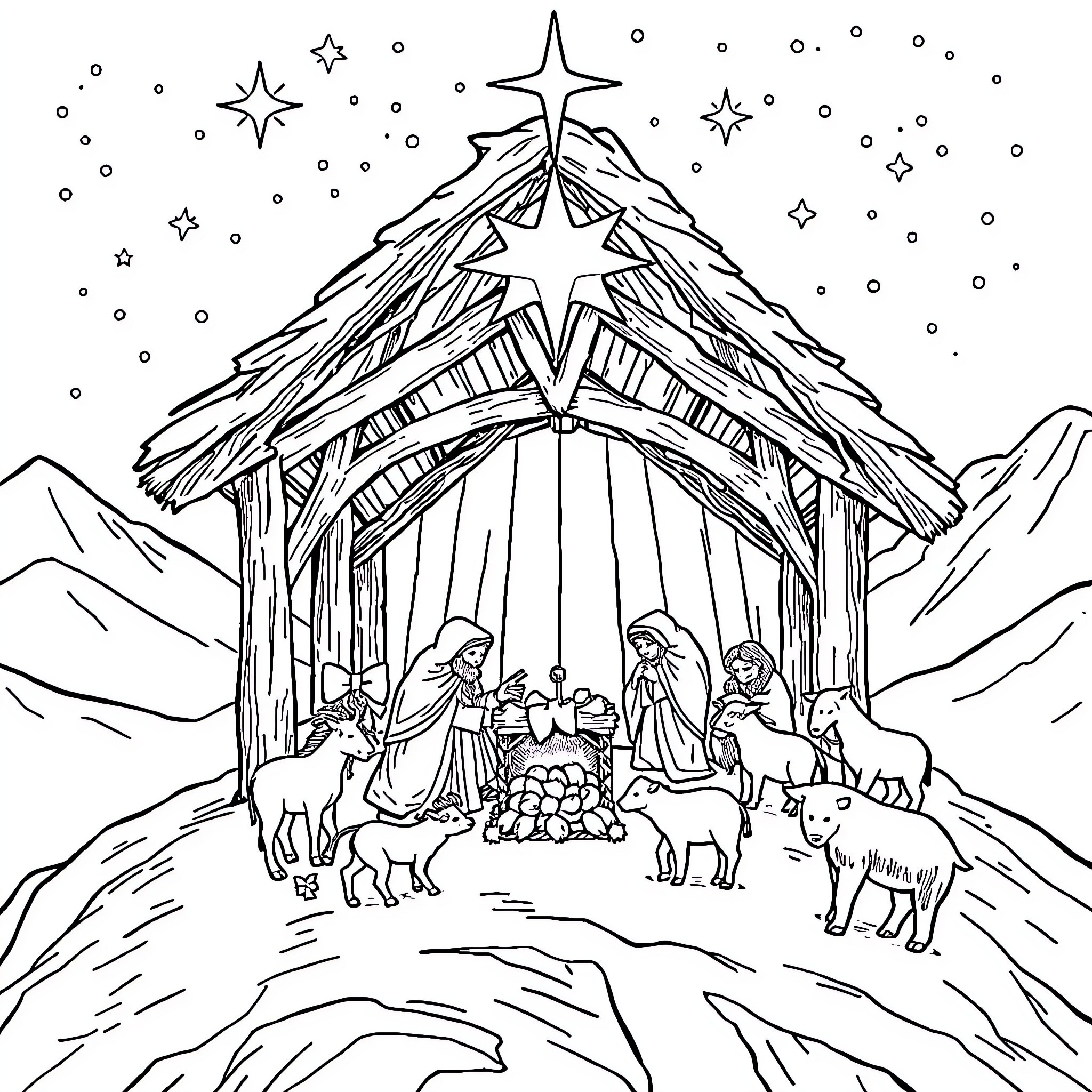 Noah's Ark with Nativity Scene and Animals Coloring Page (free black-and-white line drawing printable PDF for all, from beginners to advanced learners, including children, teens, adults, and seniors)