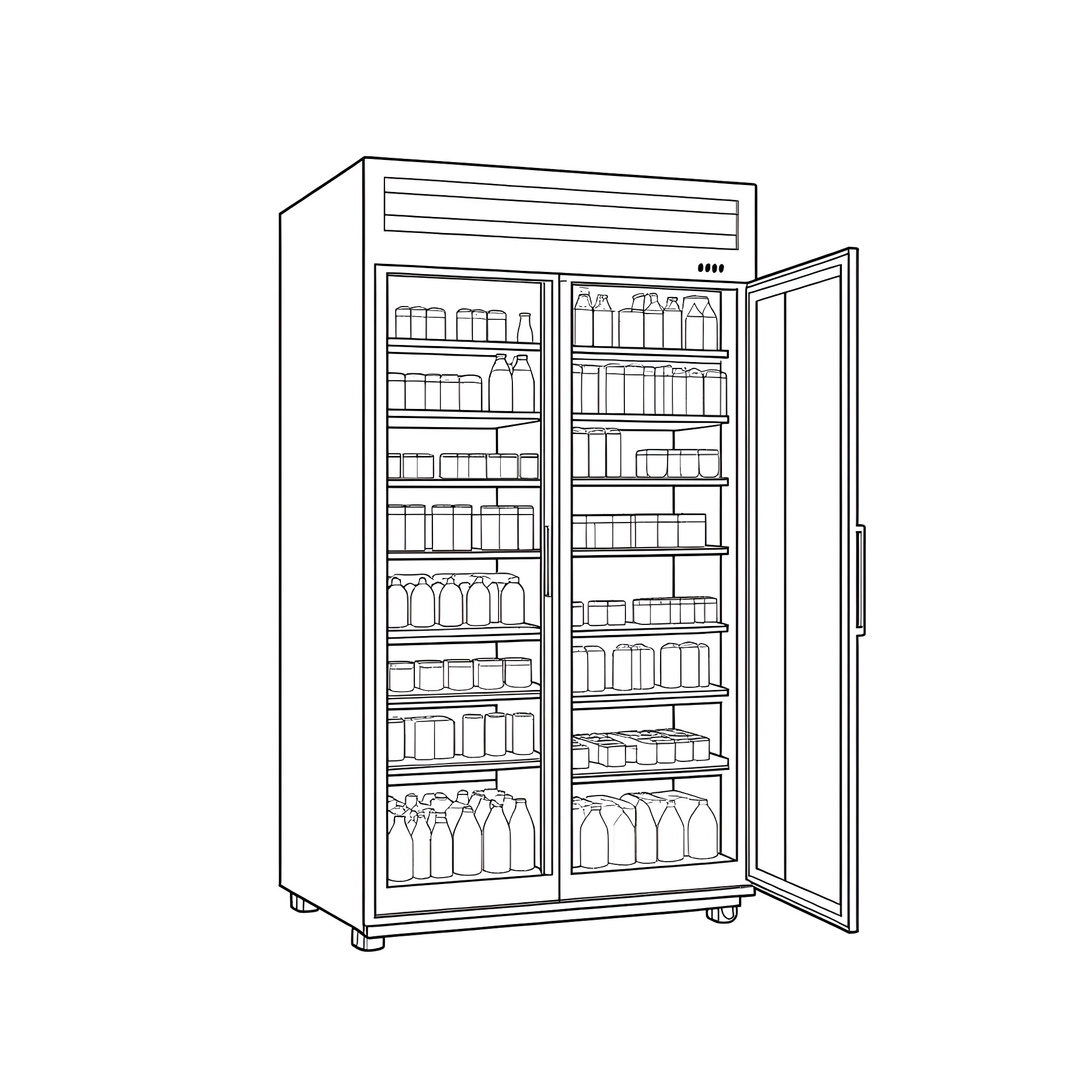 Refrigerator with various food and drink items Coloring Page (free black-and-white line drawing printable PDF for all, from beginners to advanced learners, including children, teens, adults, and seniors)