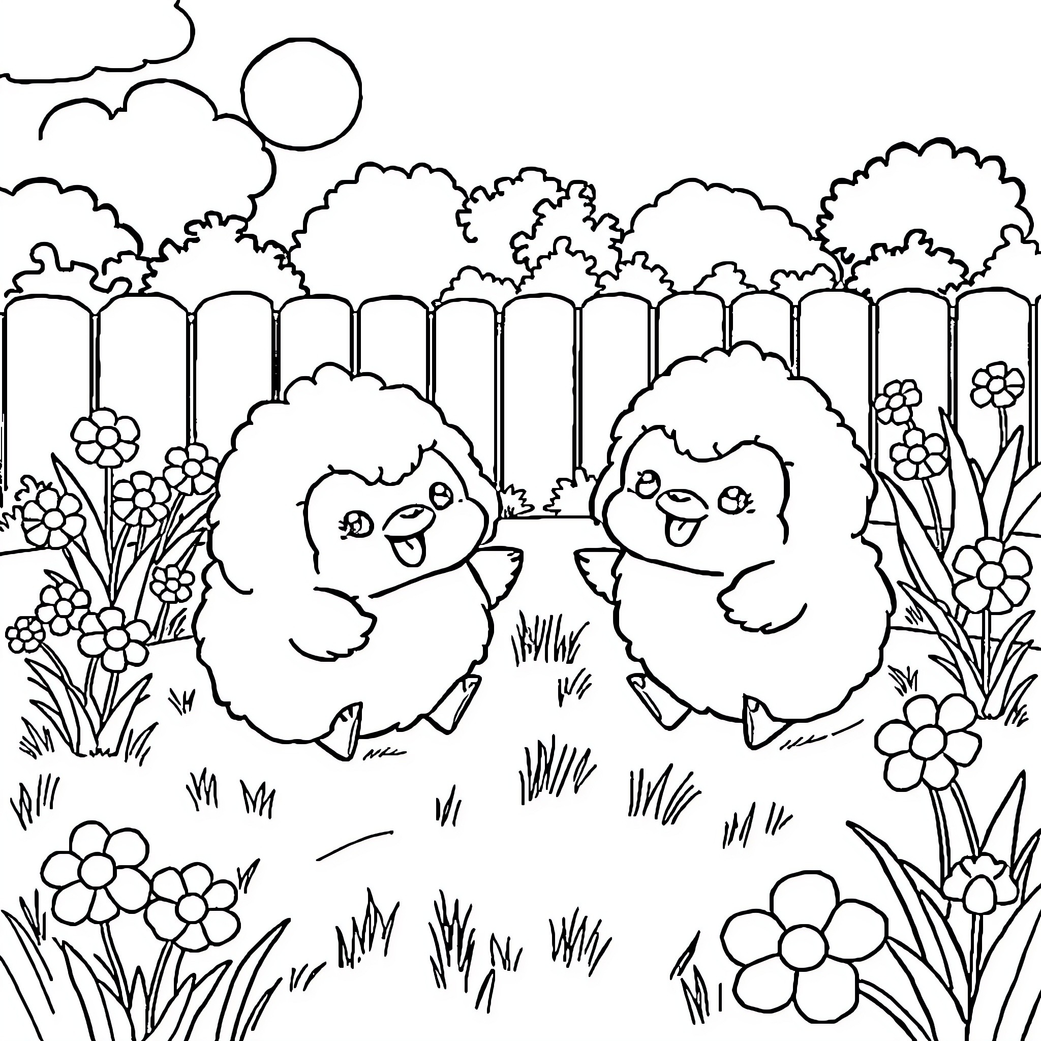 Friend chicks playing in the garden Coloring Page (free black-and-white line drawing printable PDF for all, from beginners to advanced learners, including children, teens, adults, and seniors)