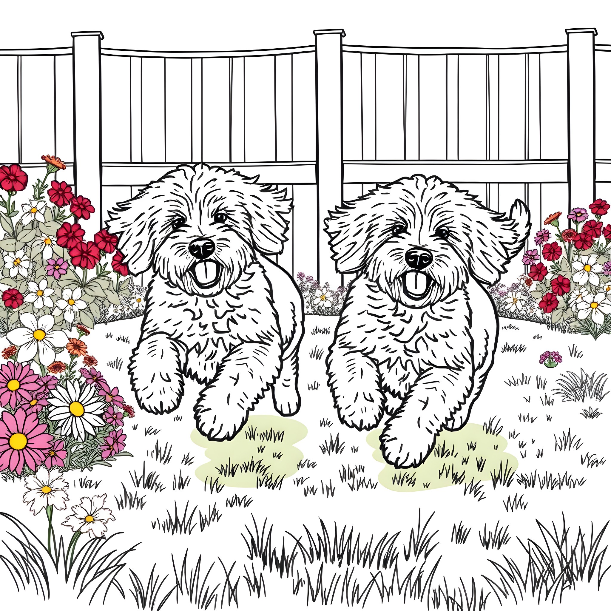 Goldendoodle pups playing cheerfully in a floral garden Coloring Page (free black-and-white line drawing printable PDF for all, from beginners to advanced learners, including children, teens, adults, and seniors)