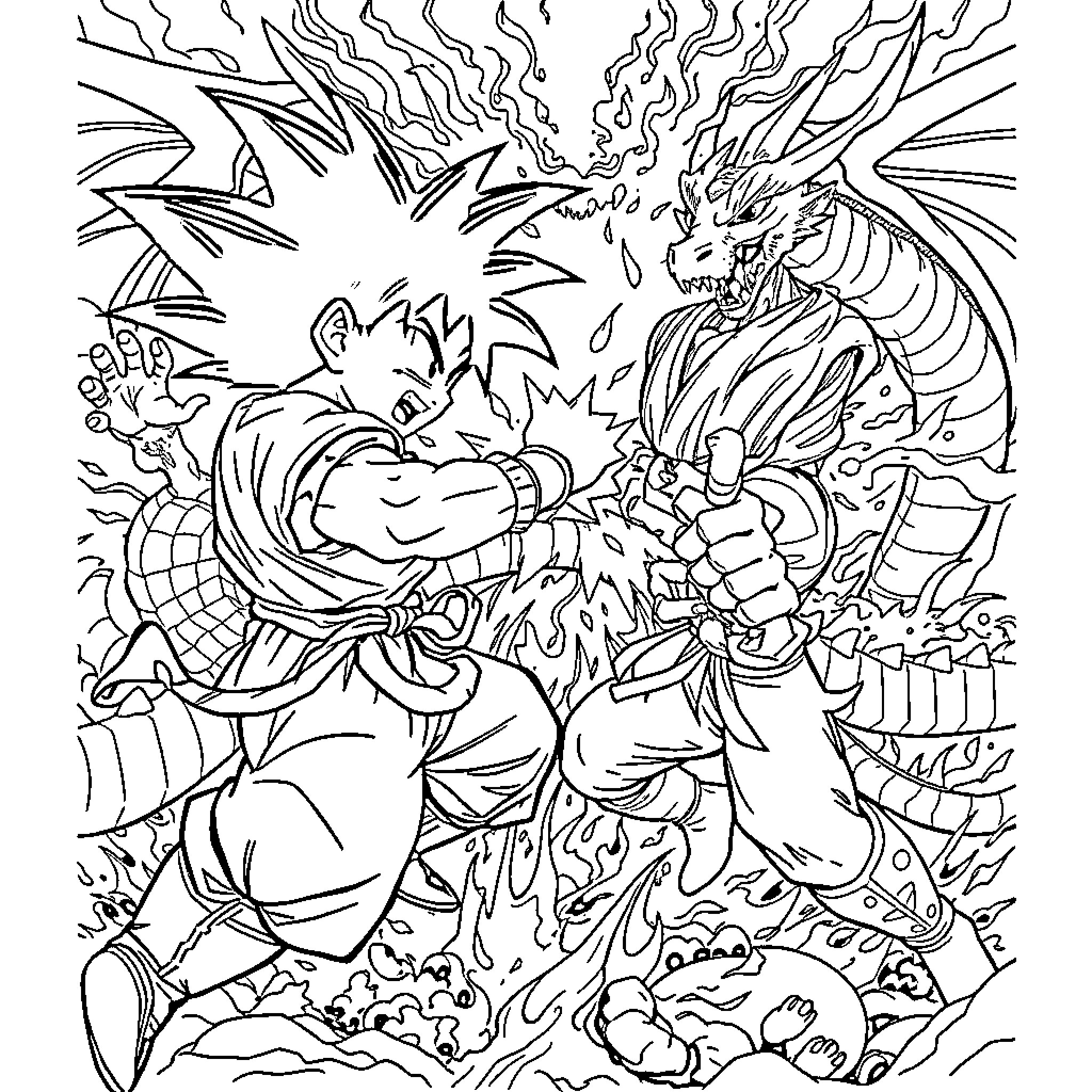 Son Goku intense battle with fierce opponent Coloring Page (free black-and-white line drawing printable PDF for all, from beginners to advanced learners, including children, teens, adults, and seniors)