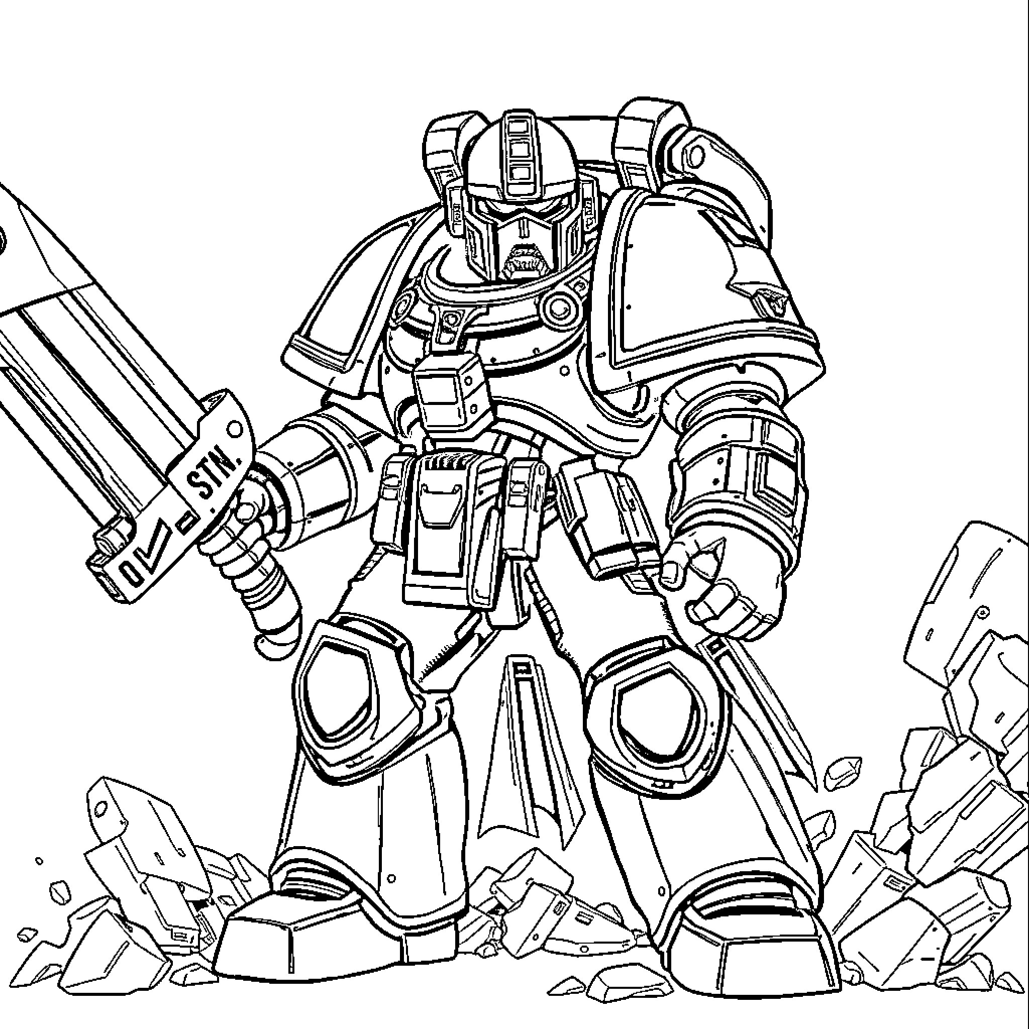 Warhammer Space Marine Wielding Powerful Weaponry Coloring Page (free black-and-white line drawing printable PDF for all, from beginners to advanced learners, including children, teens, adults, and seniors)