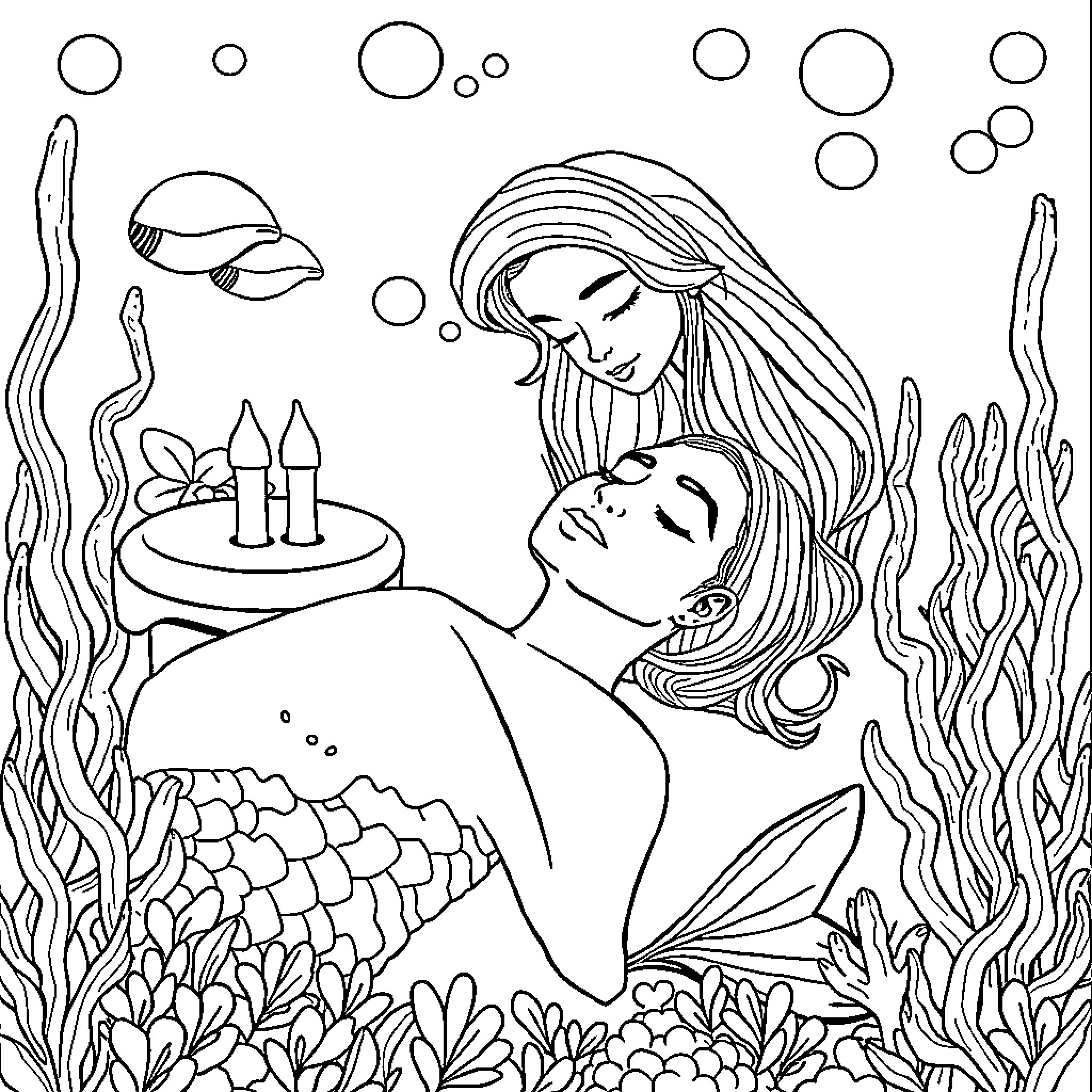 Mermaid caring for her mermaid companion Coloring Page (free black-and-white line drawing printable PDF for all, from beginners to advanced learners, including children, teens, adults, and seniors)