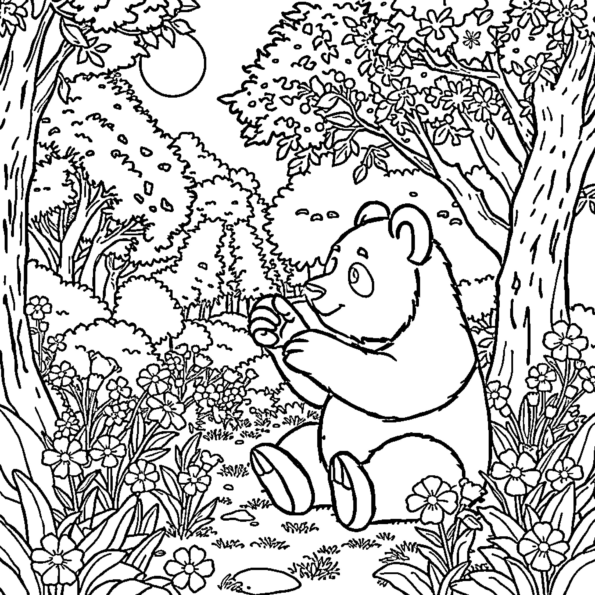 Unicorn playing in the enchanted forest Coloring Page (free black-and-white line drawing printable PDF for all, from beginners to advanced learners, including children, teens, adults, and seniors)