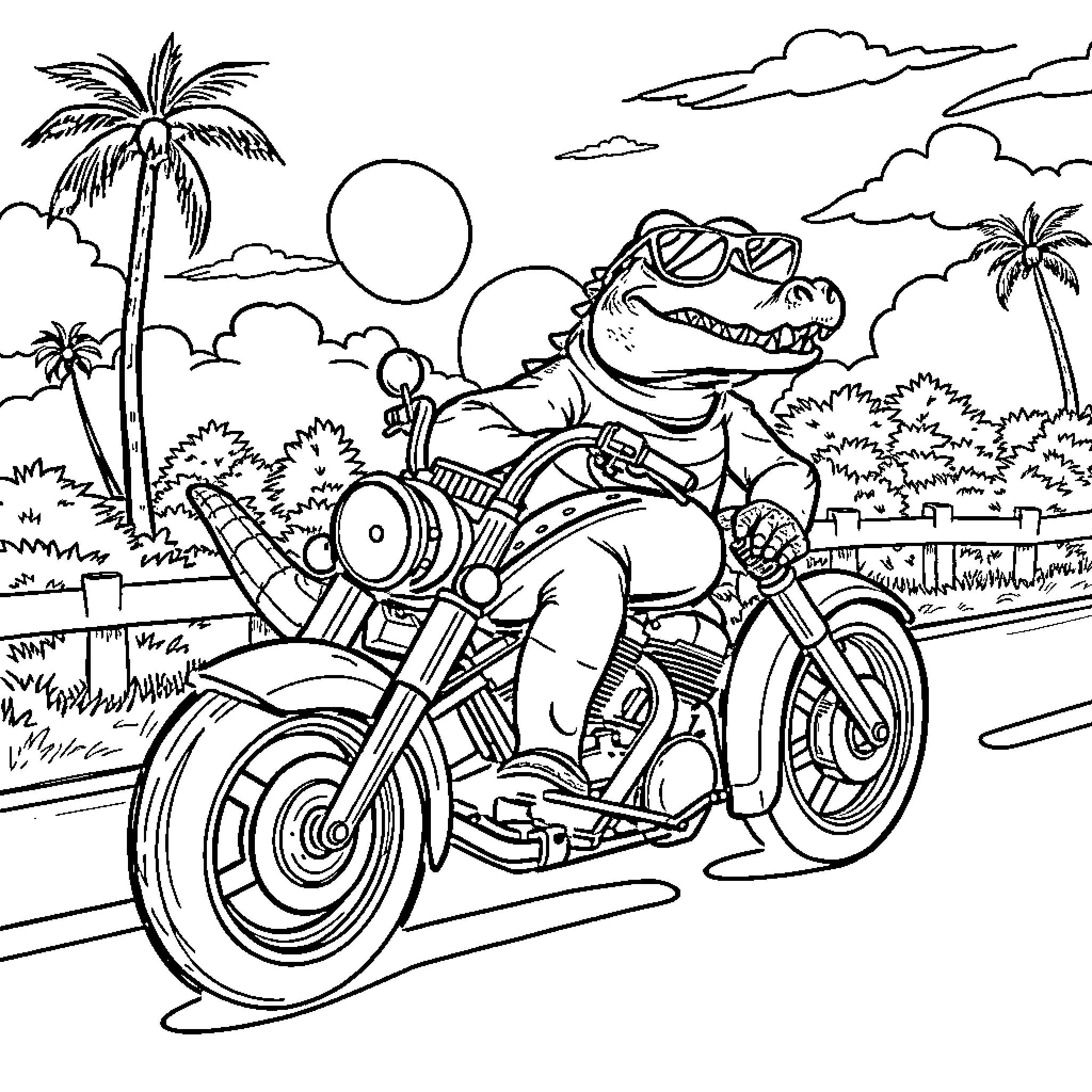 Crocodile riding a motorcycle through tropical scenery Coloring Page (free black-and-white line drawing printable PDF for all, from beginners to advanced learners, including children, teens, adults, and seniors)