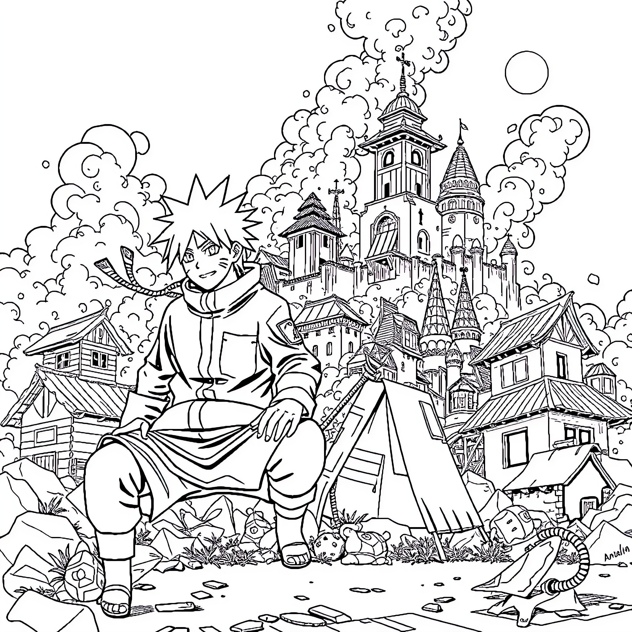 Naruto exploring the magical village with awe Coloring Page (free black-and-white line drawing printable PDF for all, from beginners to advanced learners, including children, teens, adults, and seniors)