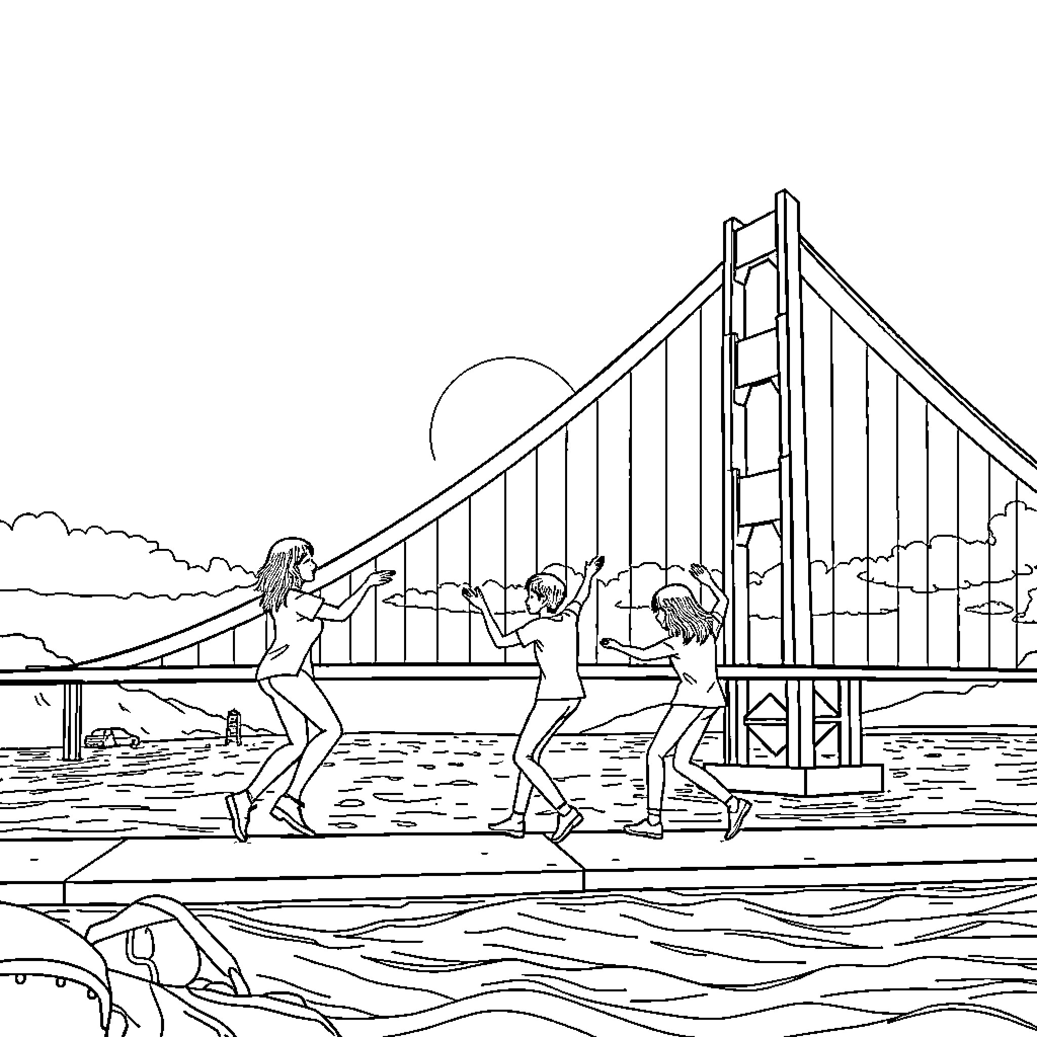 BTS members playing on the beach by the bridge Coloring Page (free black-and-white line drawing printable PDF for all, from beginners to advanced learners, including children, teens, adults, and seniors)