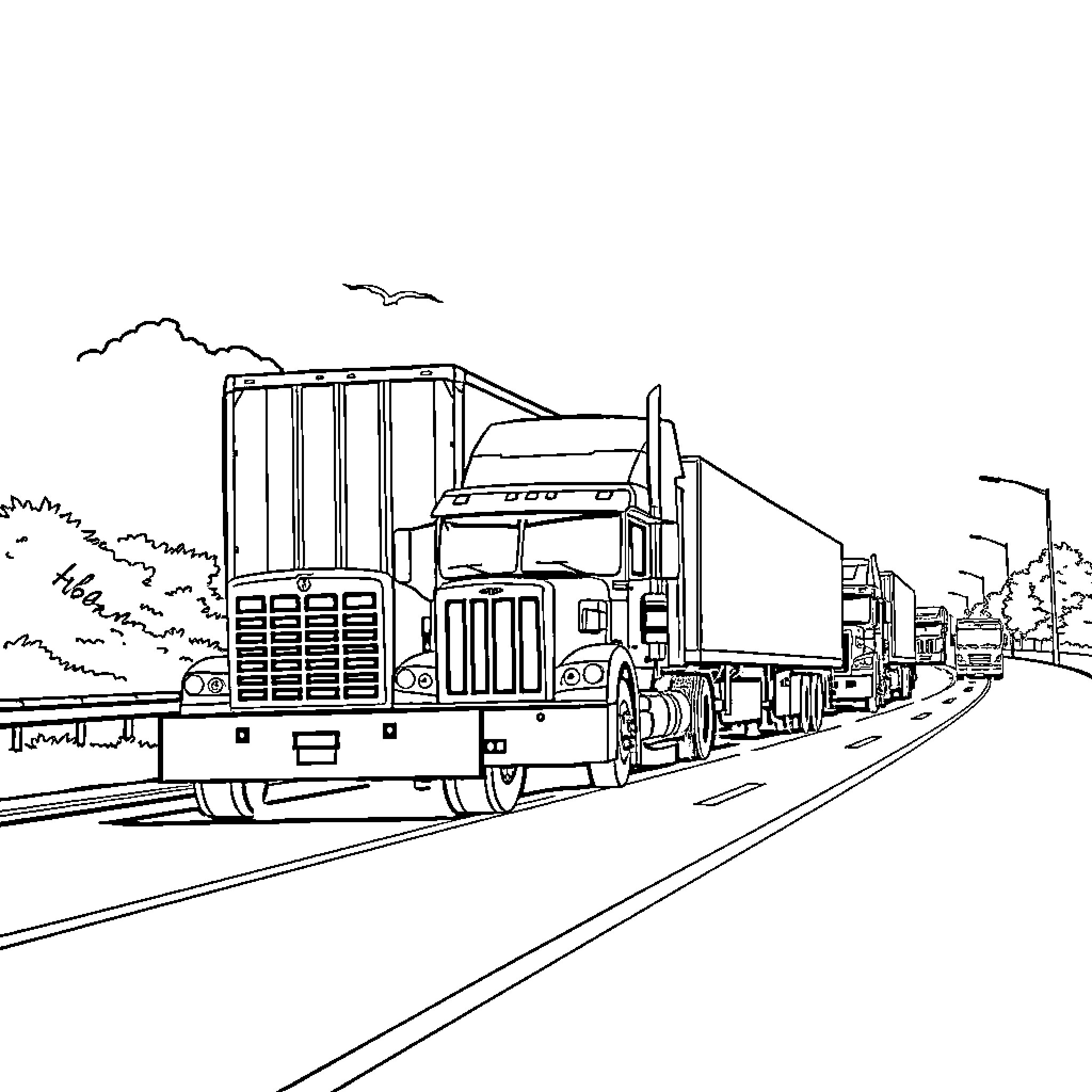Truck transporting cargo on the highway Coloring Page (free black-and-white line drawing printable PDF for all, from beginners to advanced learners, including children, teens, adults, and seniors)