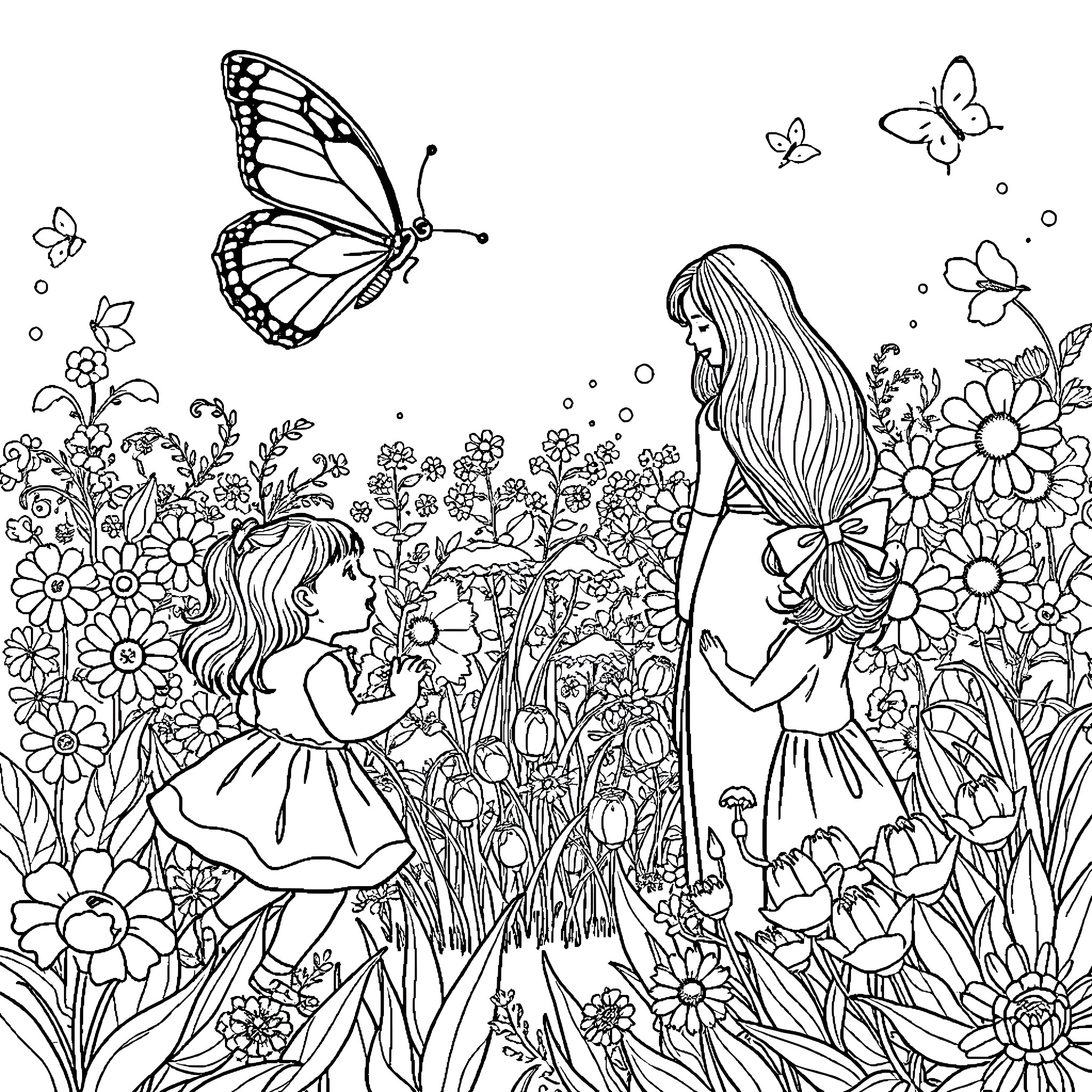 Butterfly Garden with Enchanting Scenes Coloring Page (free black-and-white line drawing printable PDF for all, from beginners to advanced learners, including children, teens, adults, and seniors)