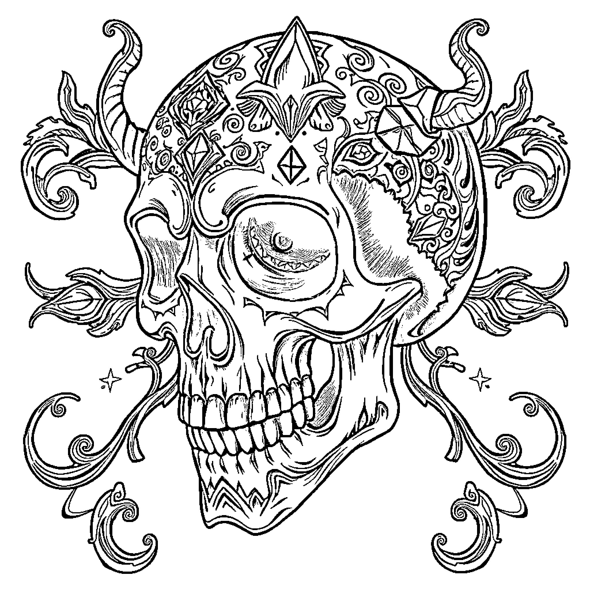 Skull with ornate and intricate patterns Coloring Page (free black-and-white line drawing printable PDF for all, from beginners to advanced learners, including children, teens, adults, and seniors)