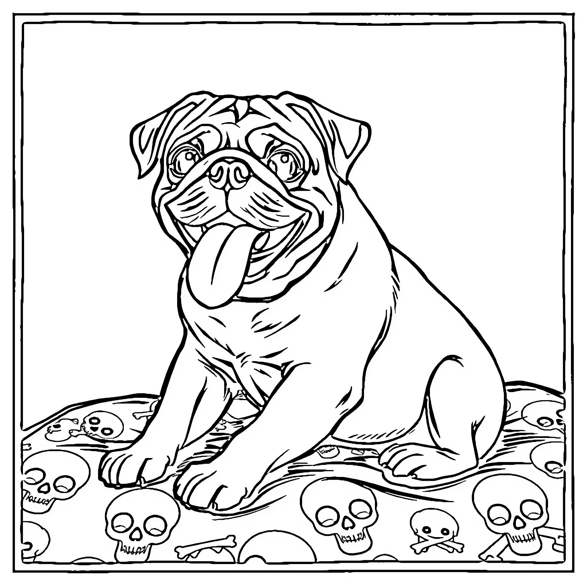 Pug sitting among skulls and bones Coloring Page (free black-and-white line drawing printable PDF for all, from beginners to advanced learners, including children, teens, adults, and seniors)