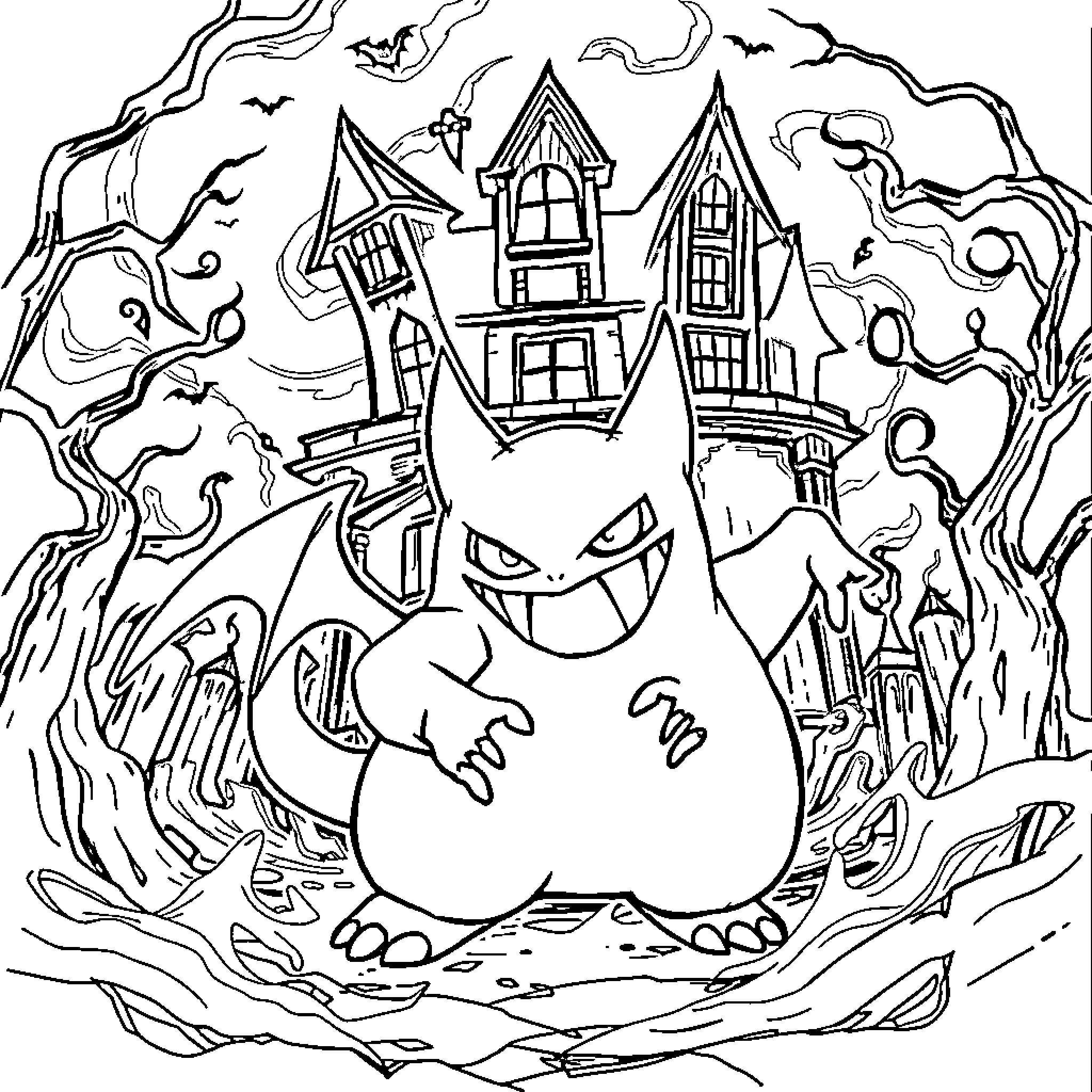 Gengar haunting a spooky haunted house Coloring Page (free black-and-white line drawing printable PDF for all, from beginners to advanced learners, including children, teens, adults, and seniors)
