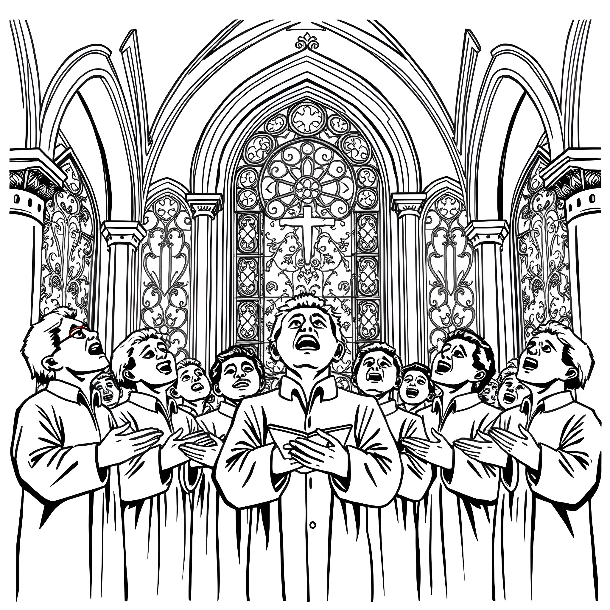 Choir performing in an ornate church interior Coloring Page (free black-and-white line drawing printable PDF for all, from beginners to advanced learners, including children, teens, adults, and seniors)