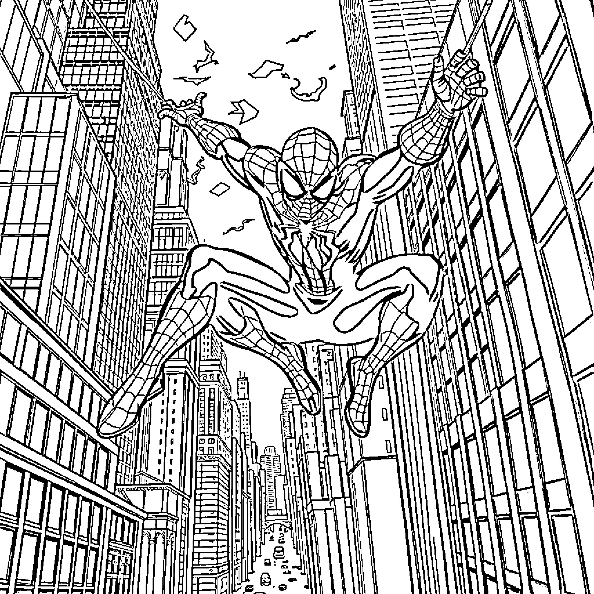 Spider-Man swinging through the city skyline Coloring Page (free black-and-white line drawing printable PDF for all, from beginners to advanced learners, including children, teens, adults, and seniors)