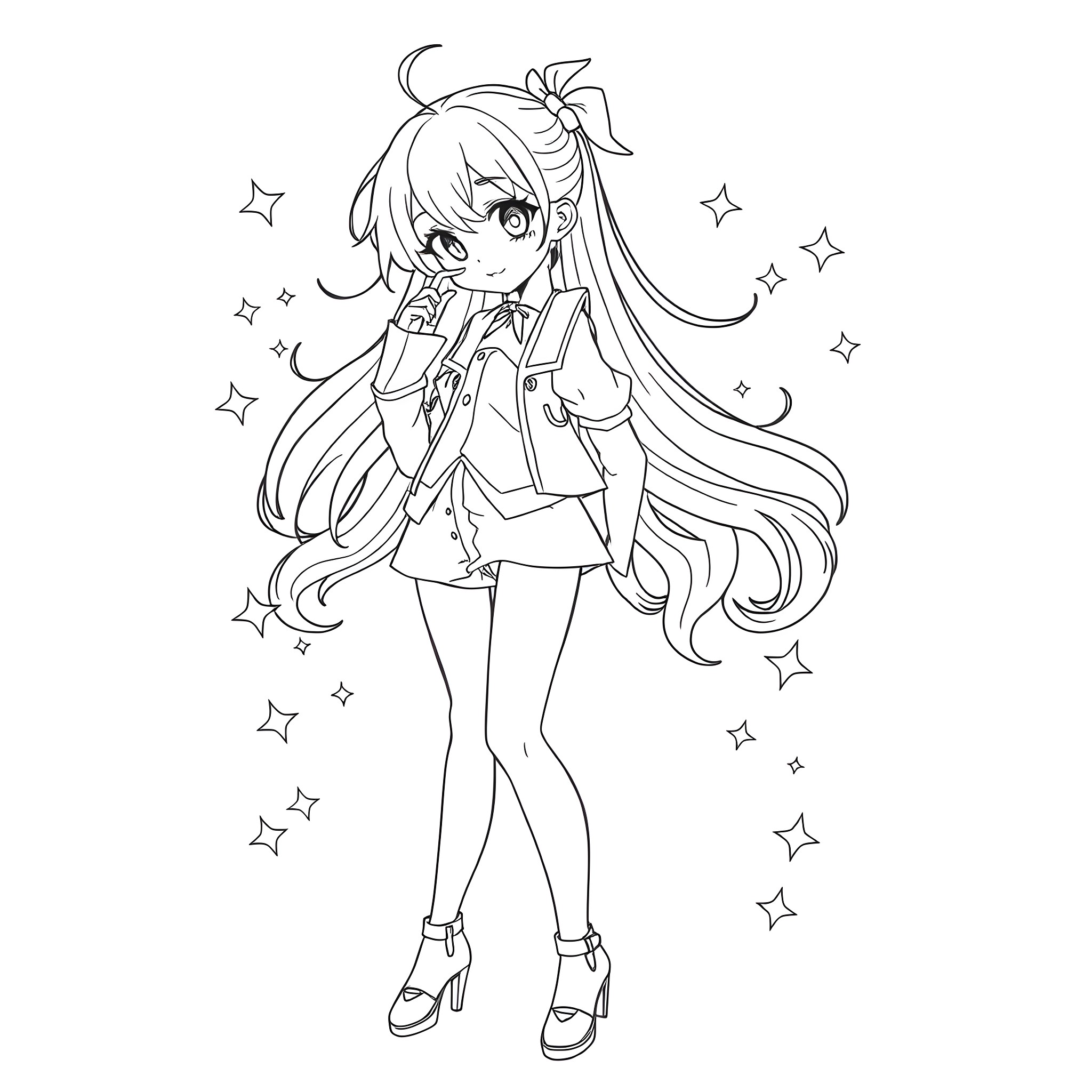 Anime Girl with Long Hair and Starry Backdrop Coloring Page (free black-and-white line drawing printable PDF for all, from beginners to advanced learners, including children, teens, adults, and seniors)