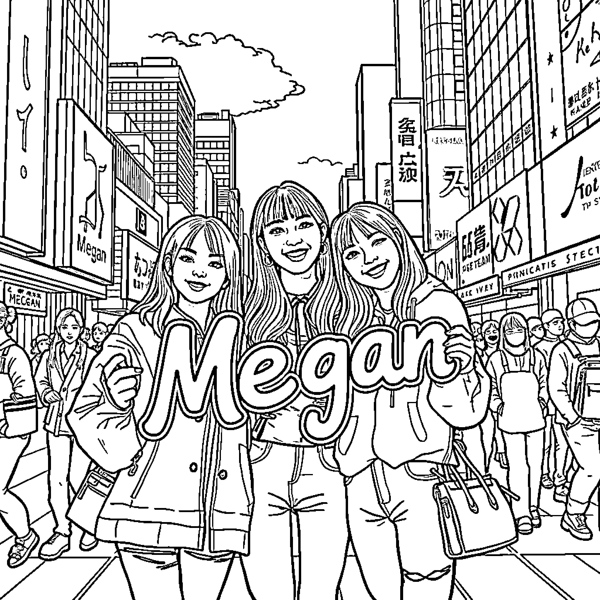 Kpop Singers Posing Confidently in Busy City Scene Coloring Page (free black-and-white line drawing printable PDF for all, from beginners to advanced learners, including children, teens, adults, and seniors)