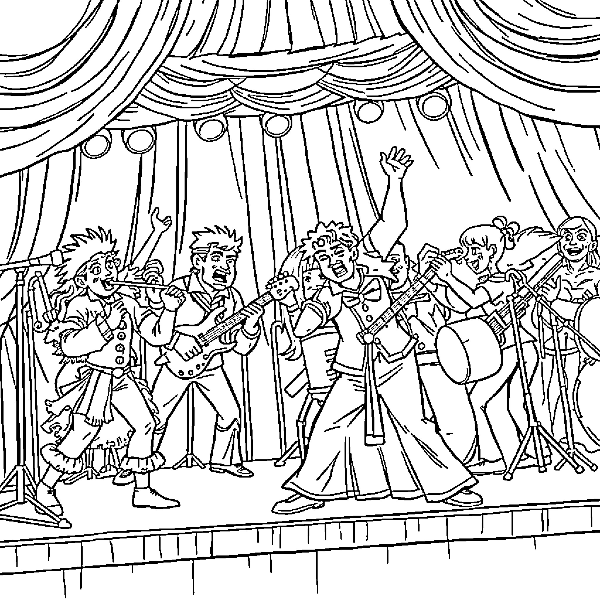 Chorus of performers on stage in theatrical production Coloring Page (free black-and-white line drawing printable PDF for all, from beginners to advanced learners, including children, teens, adults, and seniors)