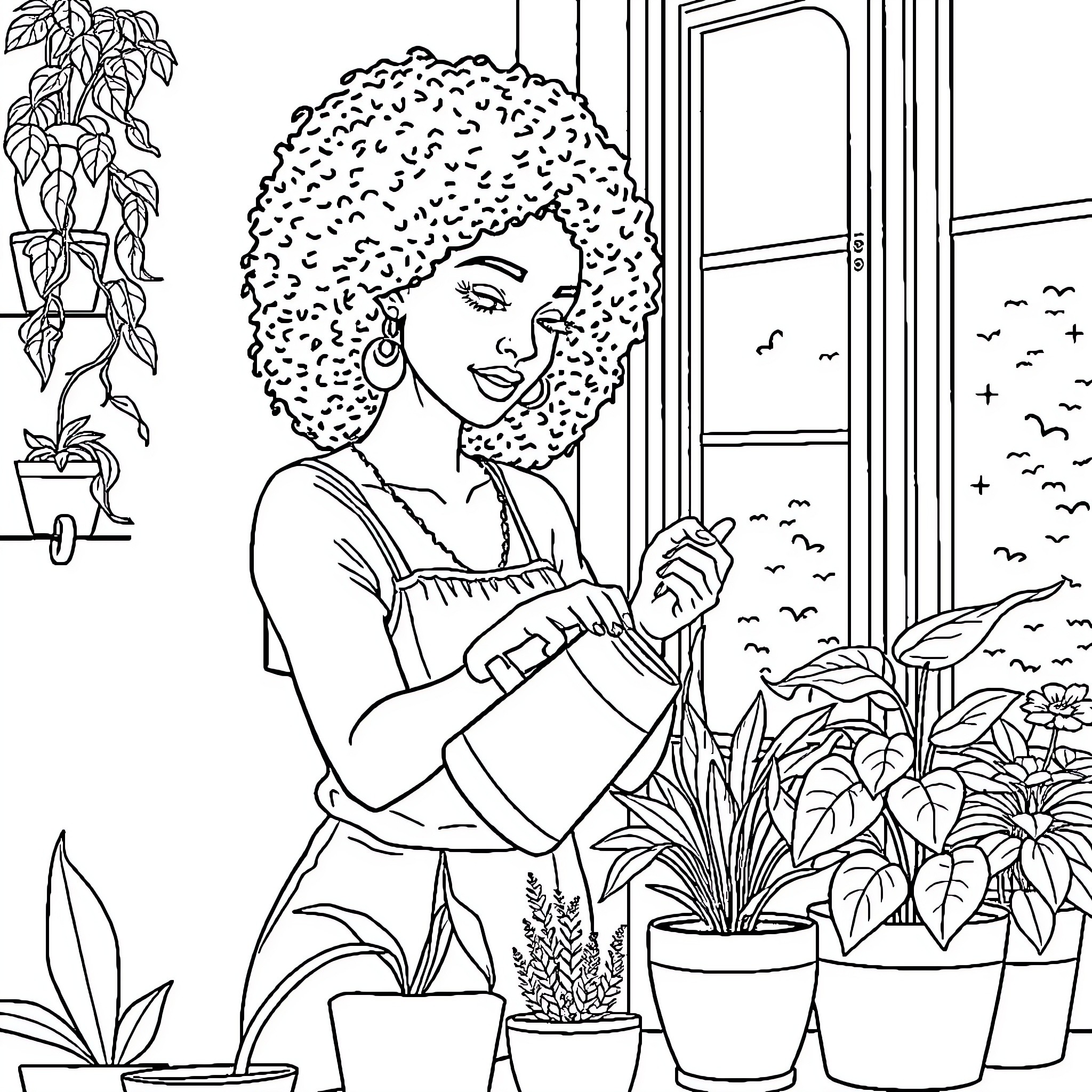 Woman tending to plants in an indoor garden Coloring Page (free black-and-white line drawing printable PDF for all, from beginners to advanced learners, including children, teens, adults, and seniors)
