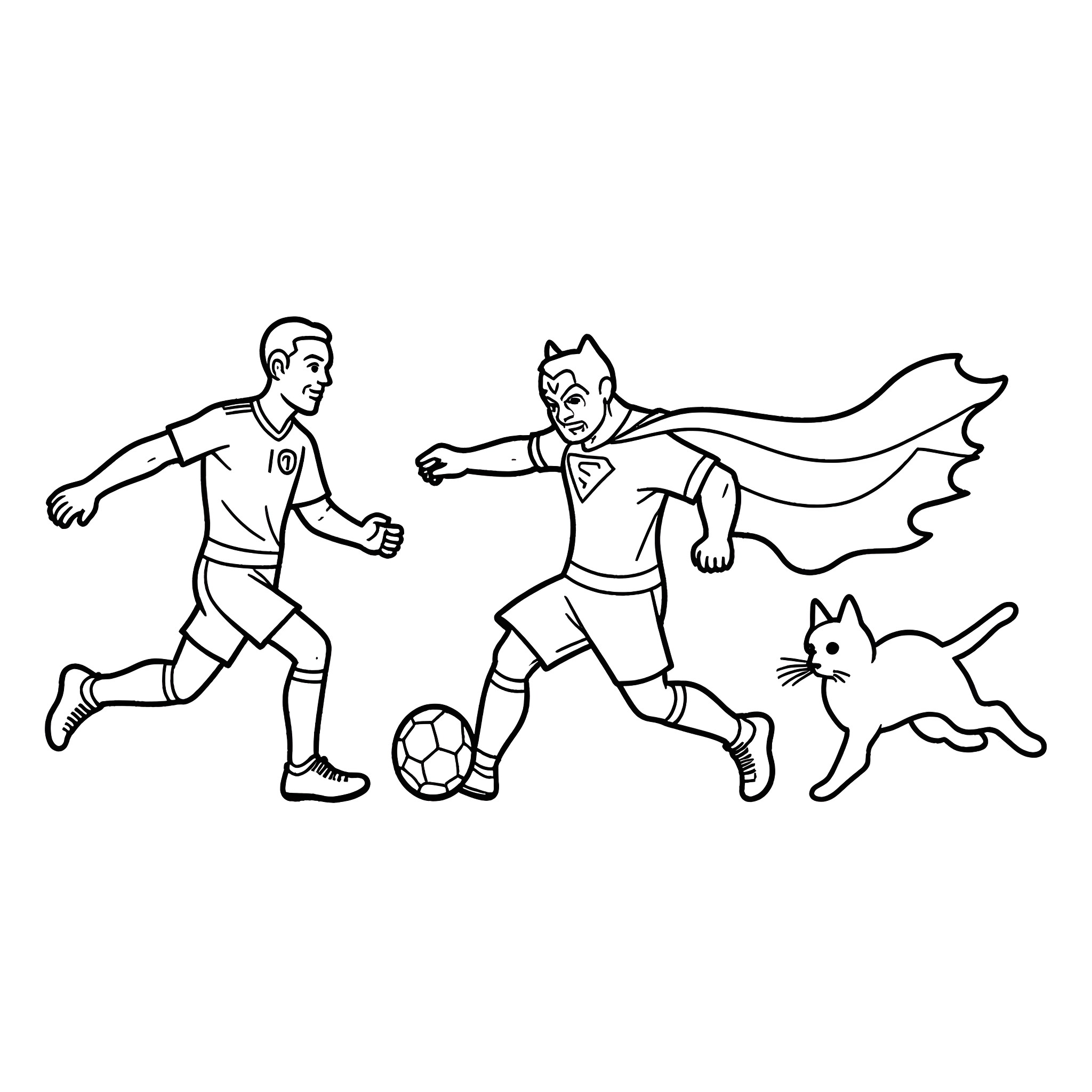 Cat playing soccer with superhero in the park Coloring Page (free black-and-white line drawing printable PDF for all, from beginners to advanced learners, including children, teens, adults, and seniors)