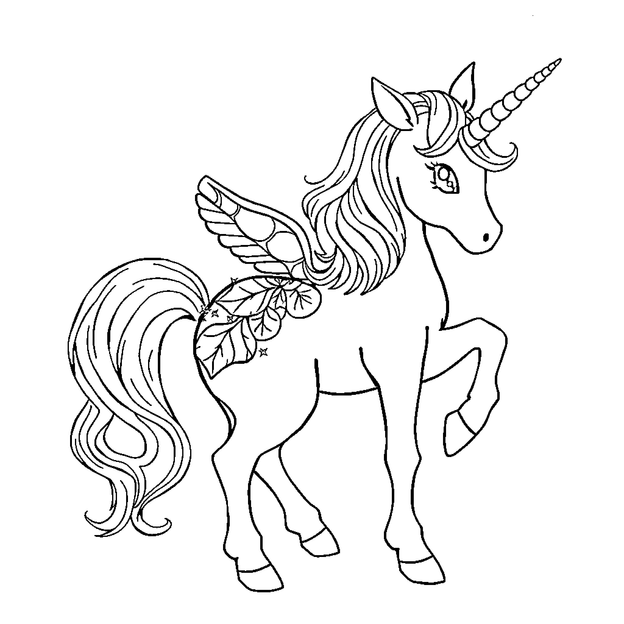 Unicorn with Magical Feathered Wings Coloring Page (free black-and-white line drawing printable PDF for all, from beginners to advanced learners, including children, teens, adults, and seniors)