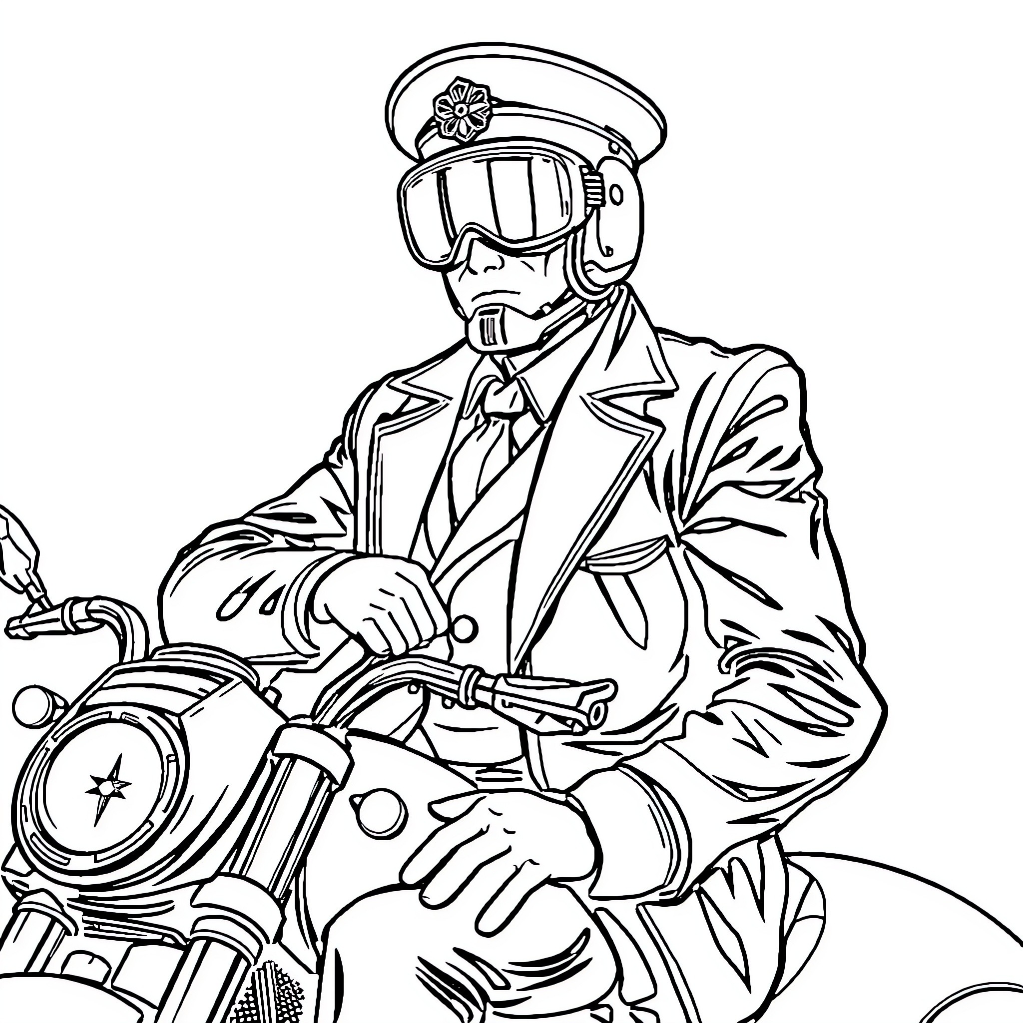 M4CS Officer on Motorcycle in Uniform Coloring Page (free black-and-white line drawing printable PDF for all, from beginners to advanced learners, including children, teens, adults, and seniors)