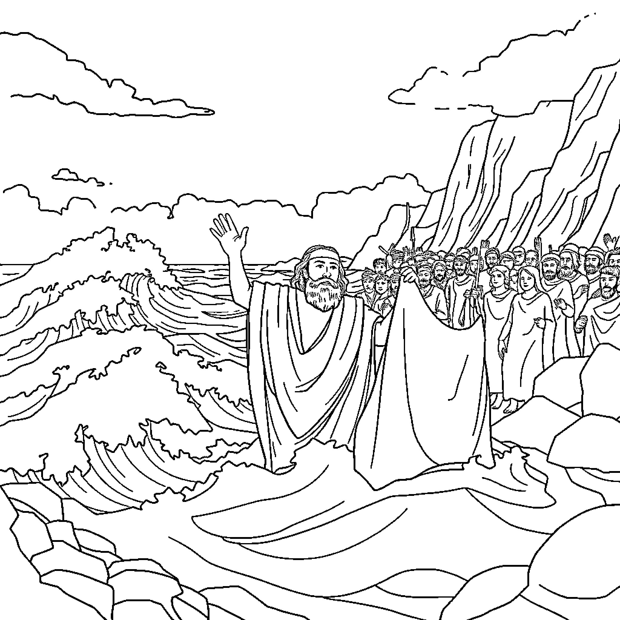 Moses parting the Red Sea with a multitude of people Coloring Page (free black-and-white line drawing printable PDF for all, from beginners to advanced learners, including children, teens, adults, and seniors)