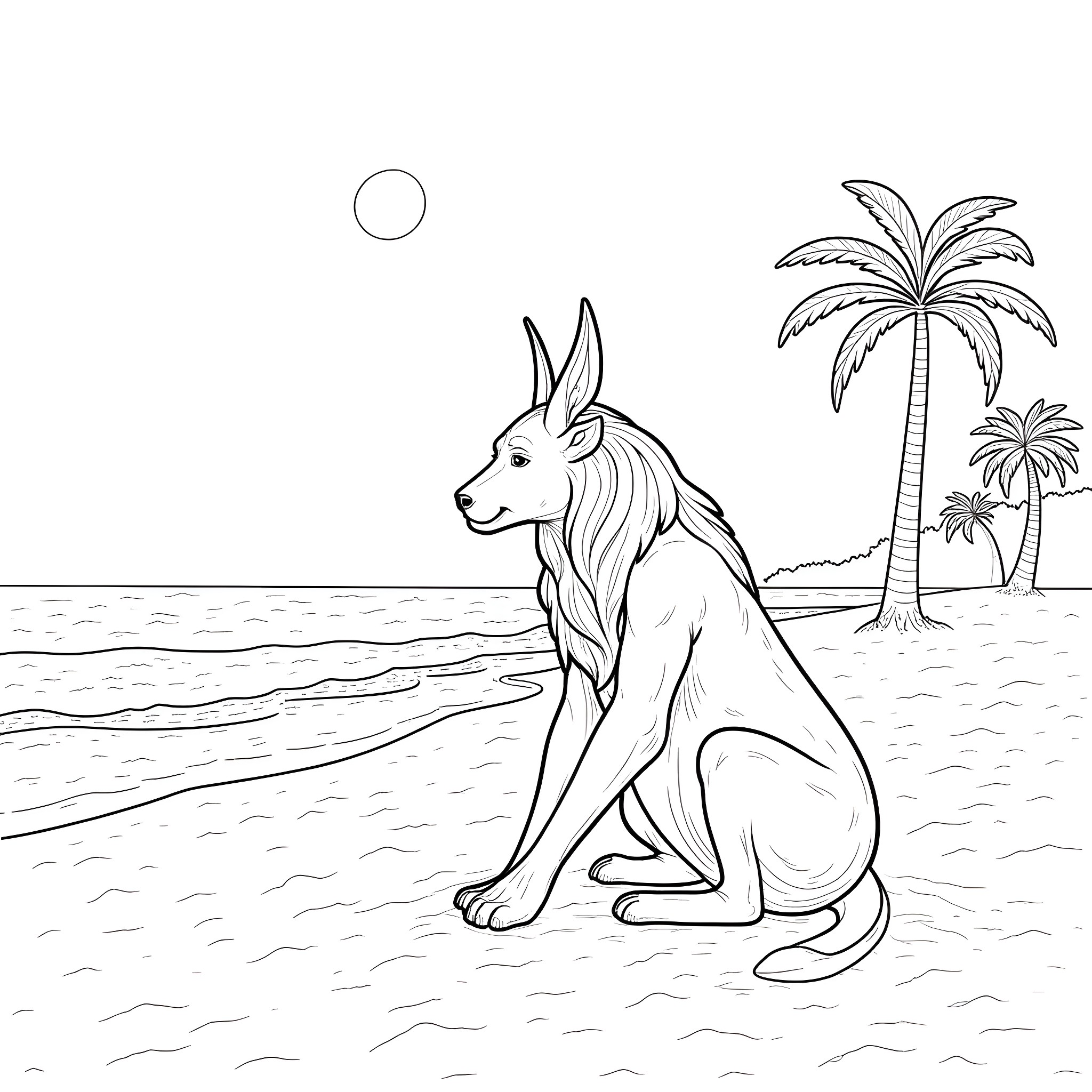Baphomet in a tropical paradise Coloring Page (free black-and-white line drawing printable PDF for all, from beginners to advanced learners, including children, teens, adults, and seniors)