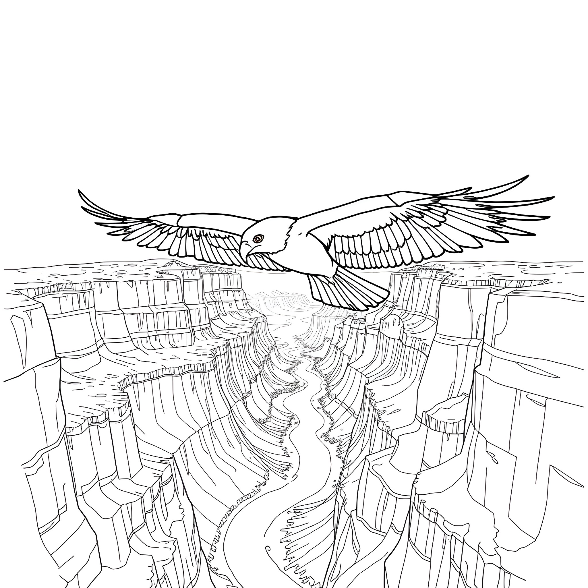 Bird soaring over majestic canyon landscape Coloring Page (free black-and-white line drawing printable PDF for all, from beginners to advanced learners, including children, teens, adults, and seniors)