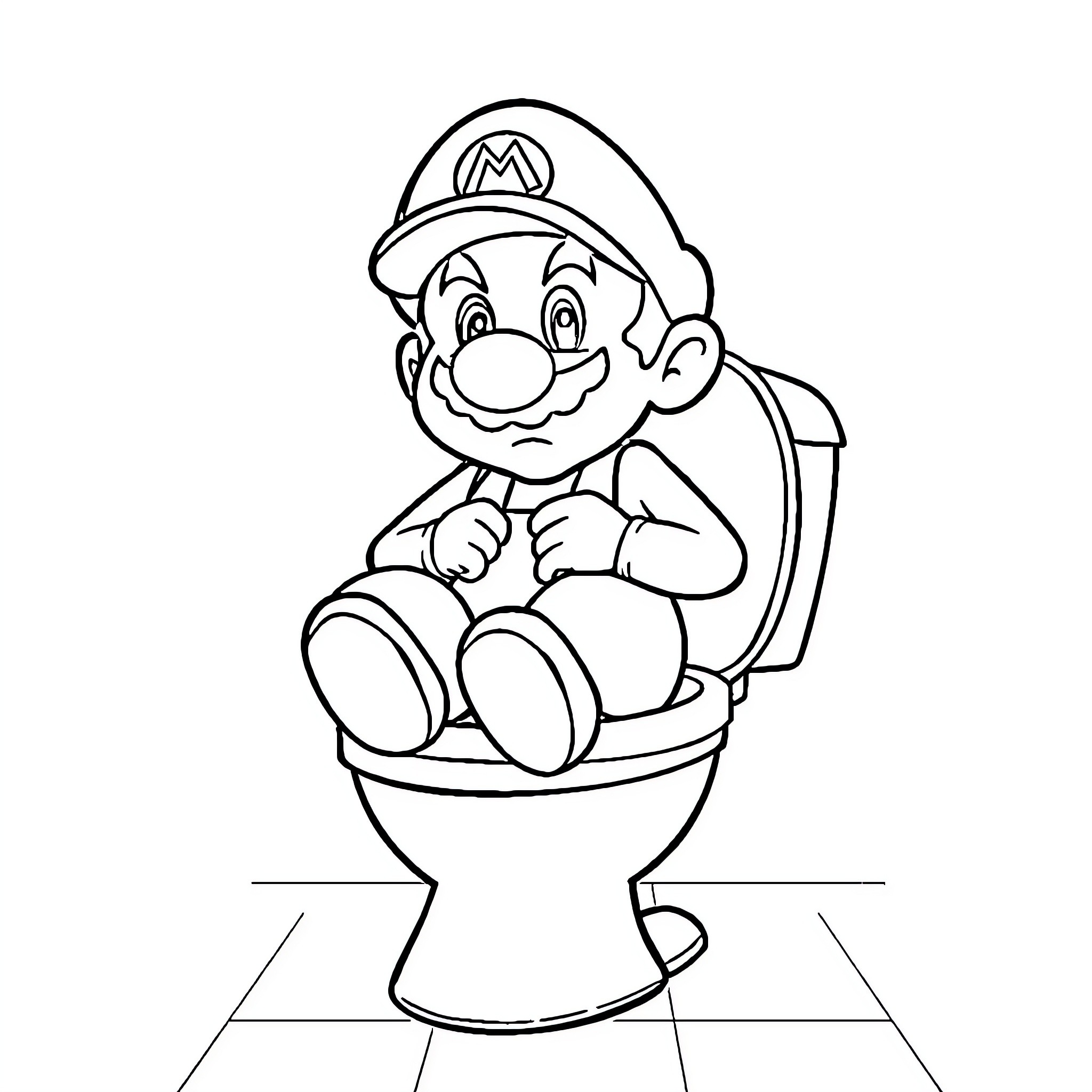 Mario Sitting Happily on a Toilet Coloring Page (free black-and-white line drawing printable PDF for all, from beginners to advanced learners, including children, teens, adults, and seniors)